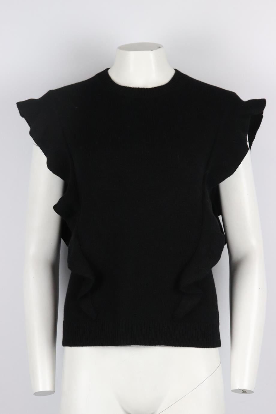 Chloé ruffled cashmere sweater. Black. Sleeveless, crewneck. Slips on. 100% Cashmere. Size: Large (UK 12, US 8, FR 40, IT 44). Bust: 37 in. Waist: 35.4 in. Hips: 34.8 in. Length: 22.5 in. Very good condition - No sign of wear; see pictures.