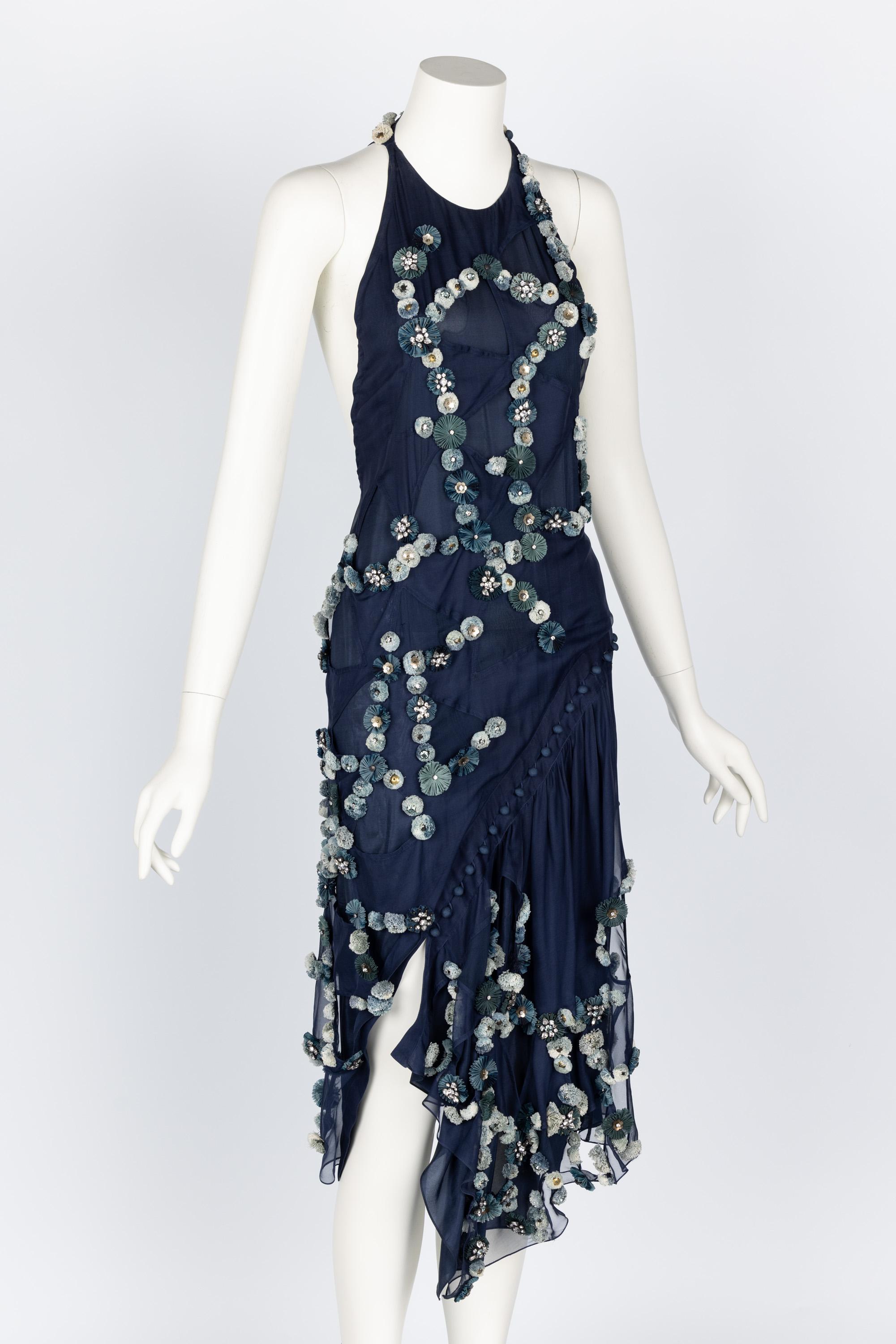 Chloe Blue Silk Halter Embellished Open Back Dress Runway F/W 2008 In Excellent Condition In Boca Raton, FL