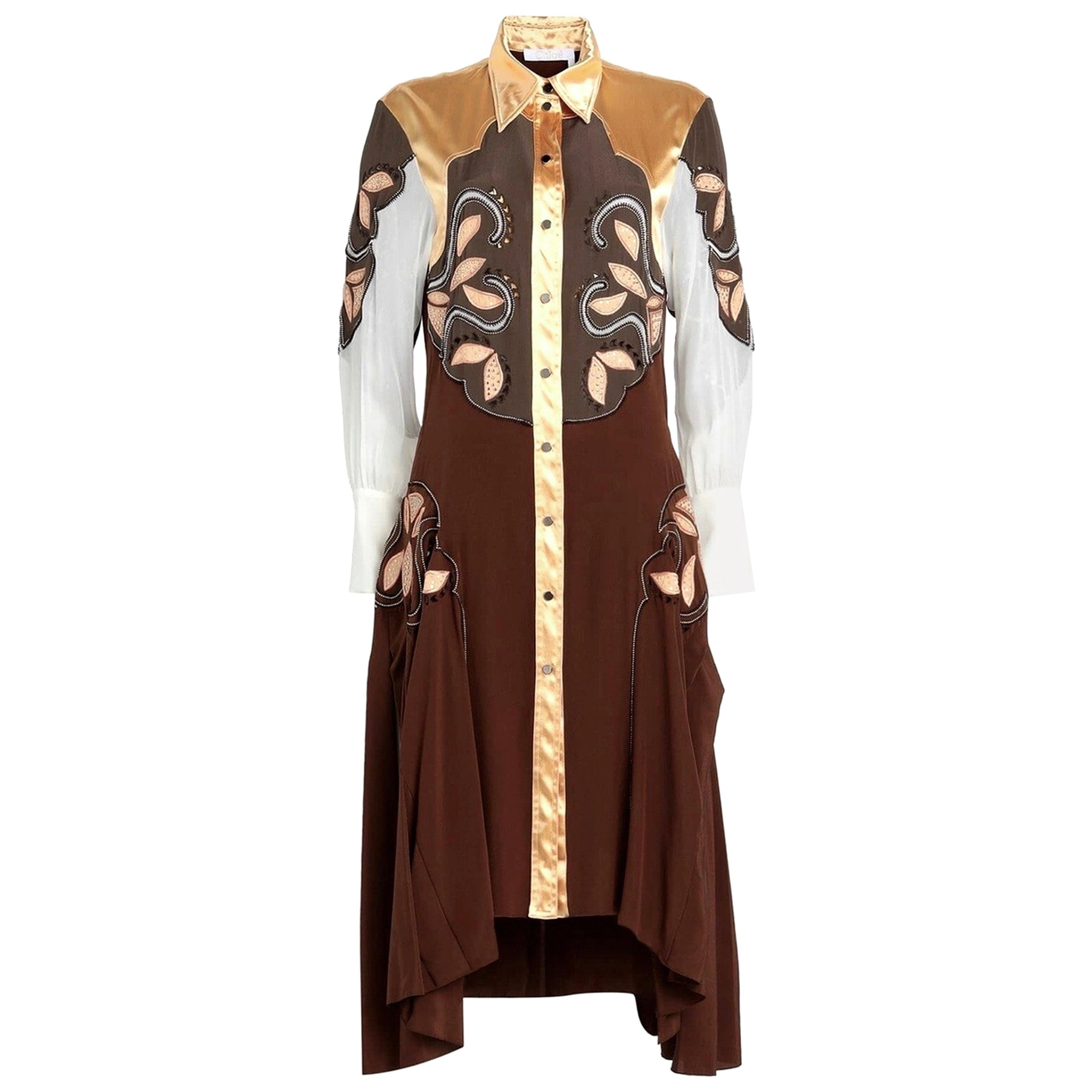 Chloé - Vestito midi occidentale in seta con borchie e ricami - FR 36 in vendita