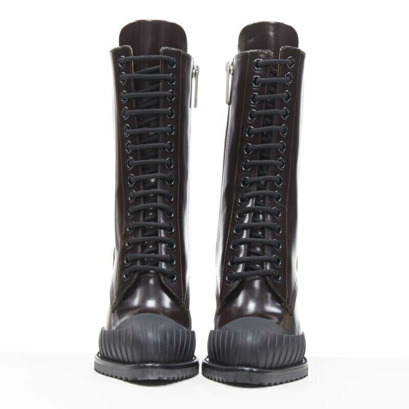 Black CHLOE Runway Rylee brown glossy leather block heel heel rubber boot EU37.5