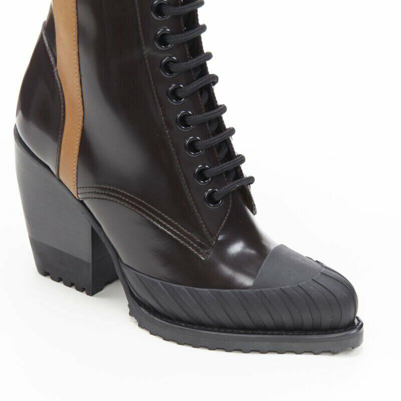 CHLOE Runway Rylee brown glossy leather block heel heel rubber boot EU37.5 3