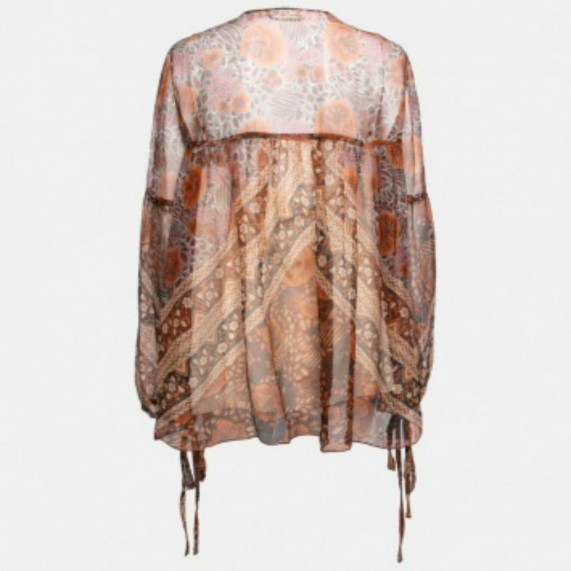Chloe Rust Orange Printed Silk Chiffon Gathered Sleeve Detail Blouse L In Good Condition For Sale In Dubai, Al Qouz 2