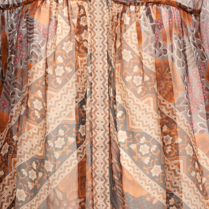 Chloe Rust Orange Printed Silk Chiffon Gathered Sleeve Detail Blouse L In Good Condition For Sale In Dubai, Al Qouz 2