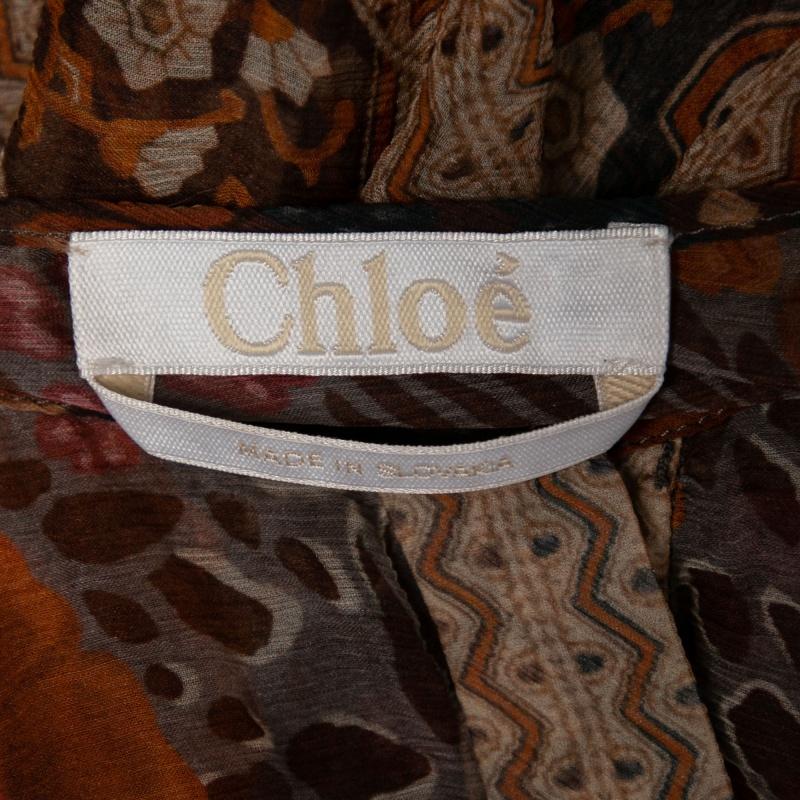 Women's Chloe Rust Orange Printed Silk Chiffon Gathered Sleeve Detail Blouse L For Sale