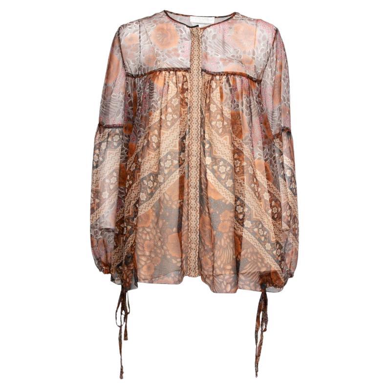 Chloe Rust Orange Printed Silk Chiffon Gathered Sleeve Detail Blouse L For Sale