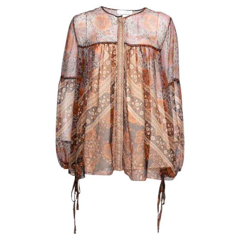 Chloe Rust Orange Printed Silk Chiffon Gathered Sleeve Detail Blouse L For Sale