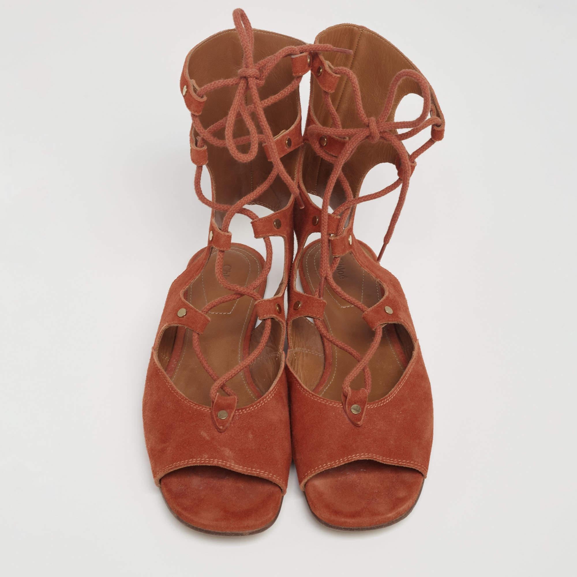 Catch everyone's admiring glances with these gladiator sandals from Chloe. They've been wonderfully crafted from suede and styled with open toes, lace-ups, and comfortable leather insoles. They'll look great with casual wear.

Includes: Original