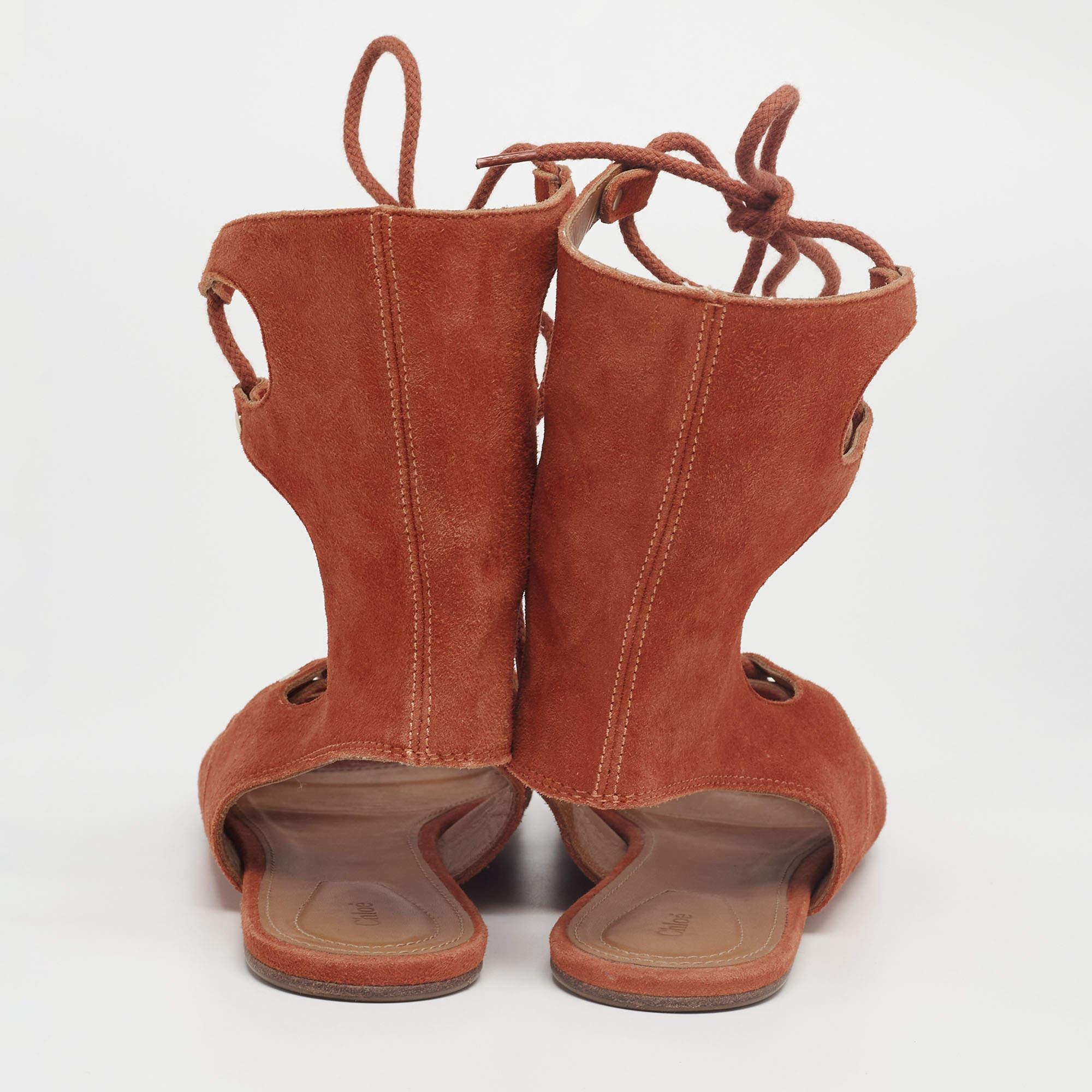 Brown Chloe Rust Suede Gladiator Flat Sandals Size 38