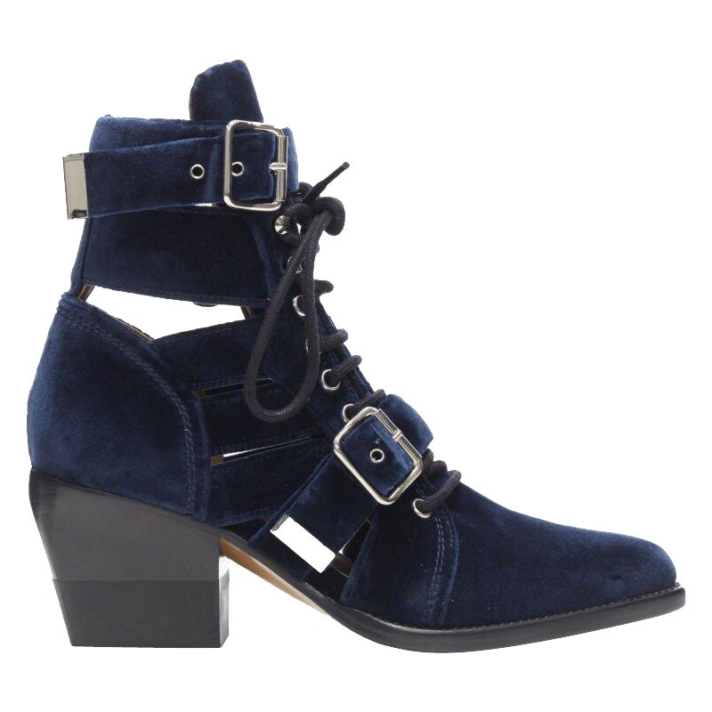 CHLOE Rylee botines de terciopelo azul con cierre de hebilla y cordones recortados EU37