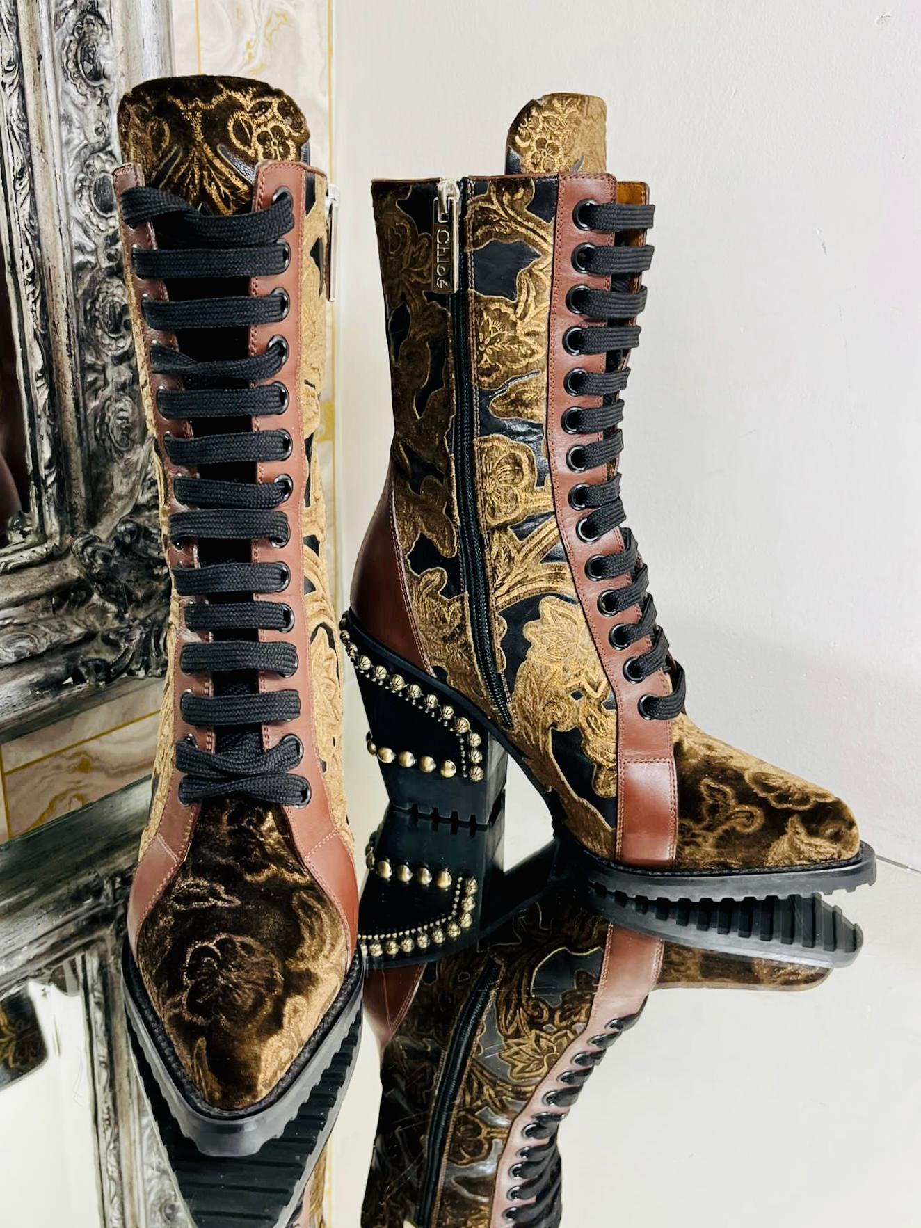 Chloe Rylee Brocade & Stud Ankle Boots In Excellent Condition For Sale In London, GB