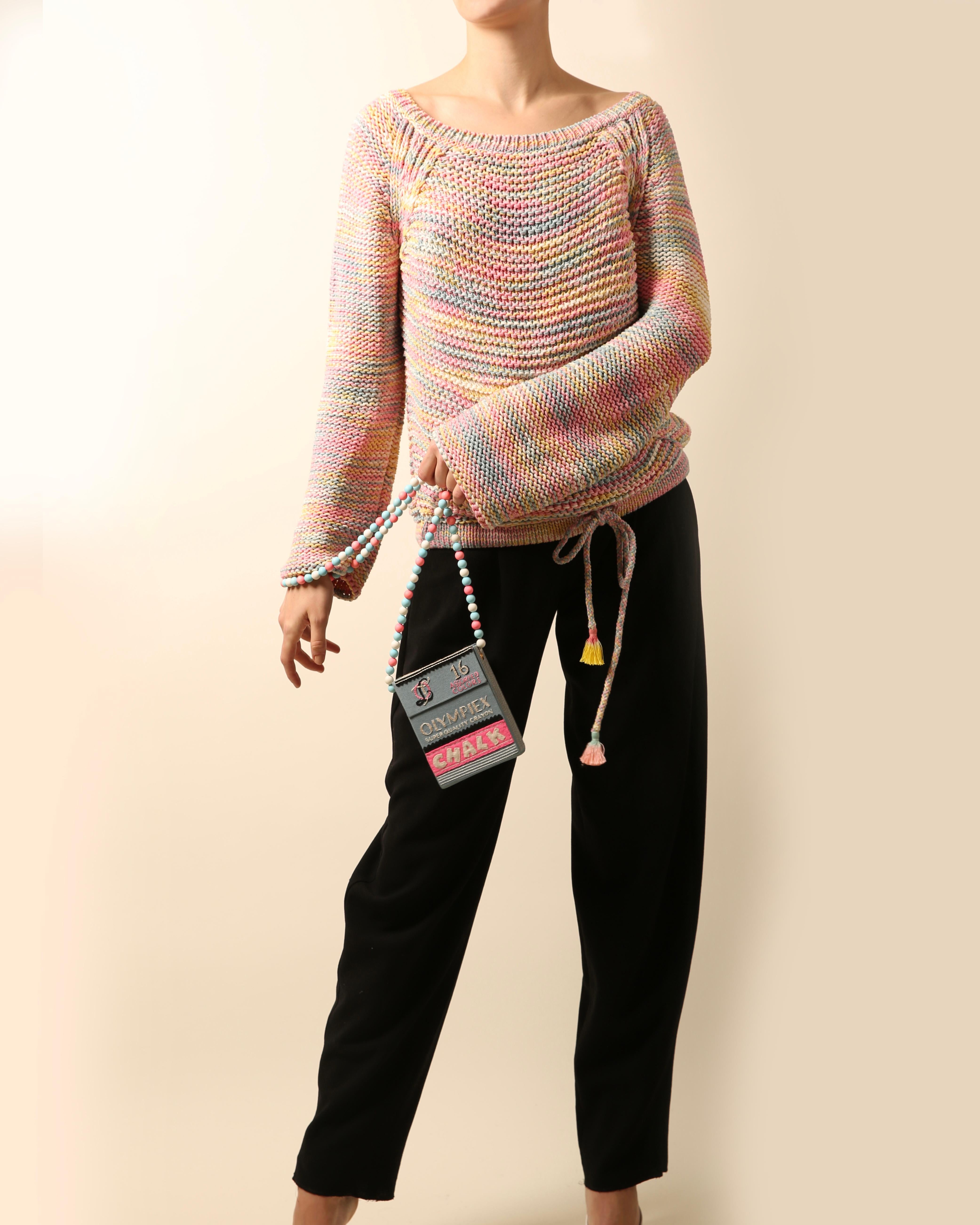 From the Chloe Spring Summer 2016 runway collection
Oversized chunky knit sweater in 'rainbow' - a combination of pastel pink, blue, yellow and cream
Slouched fit that can be worn on or off the shoulder
Large front pocket
Drawstring tassel
