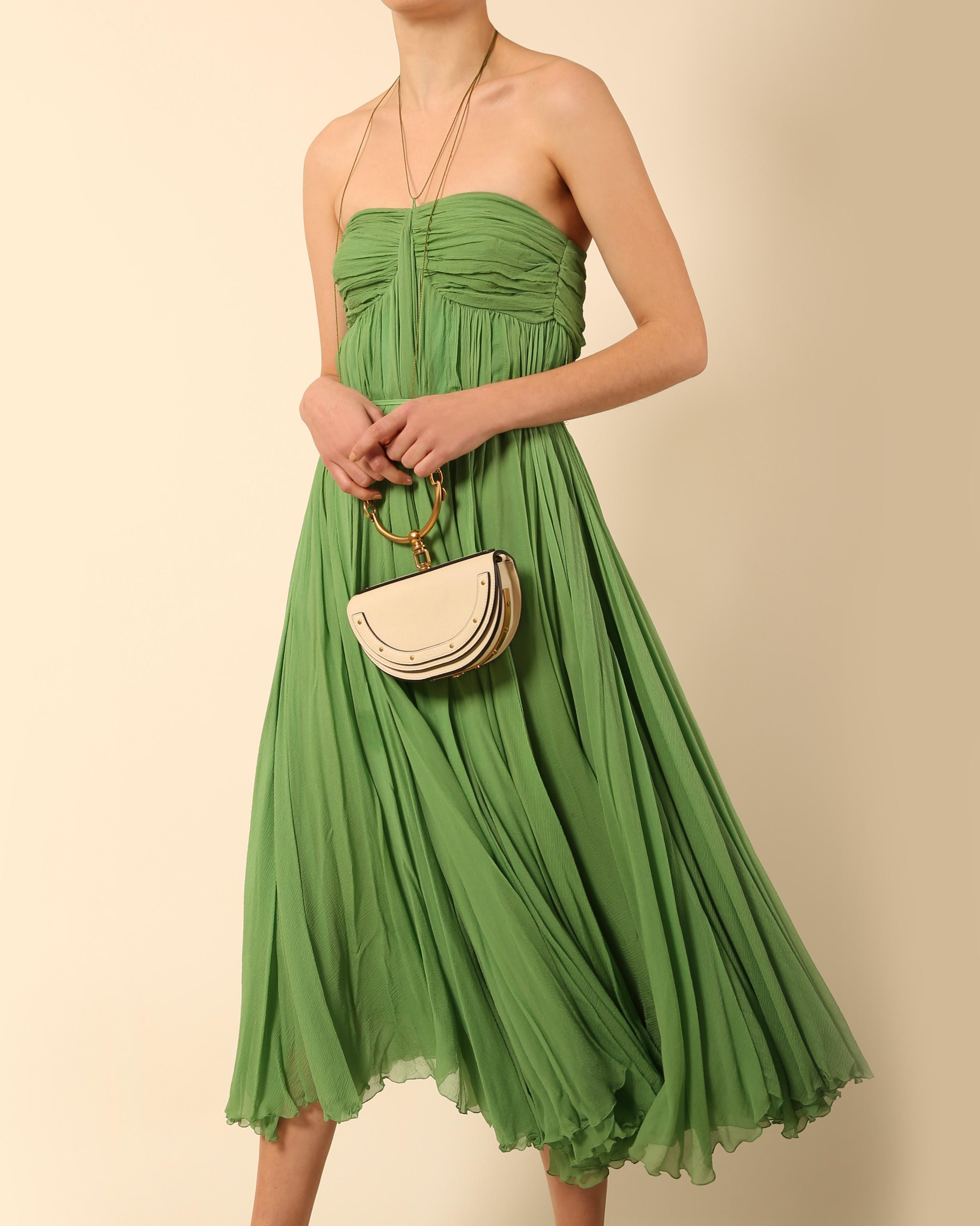 Brown Chloe S04 strapless plisse green silk chiffon layered bustier midi length dress  For Sale