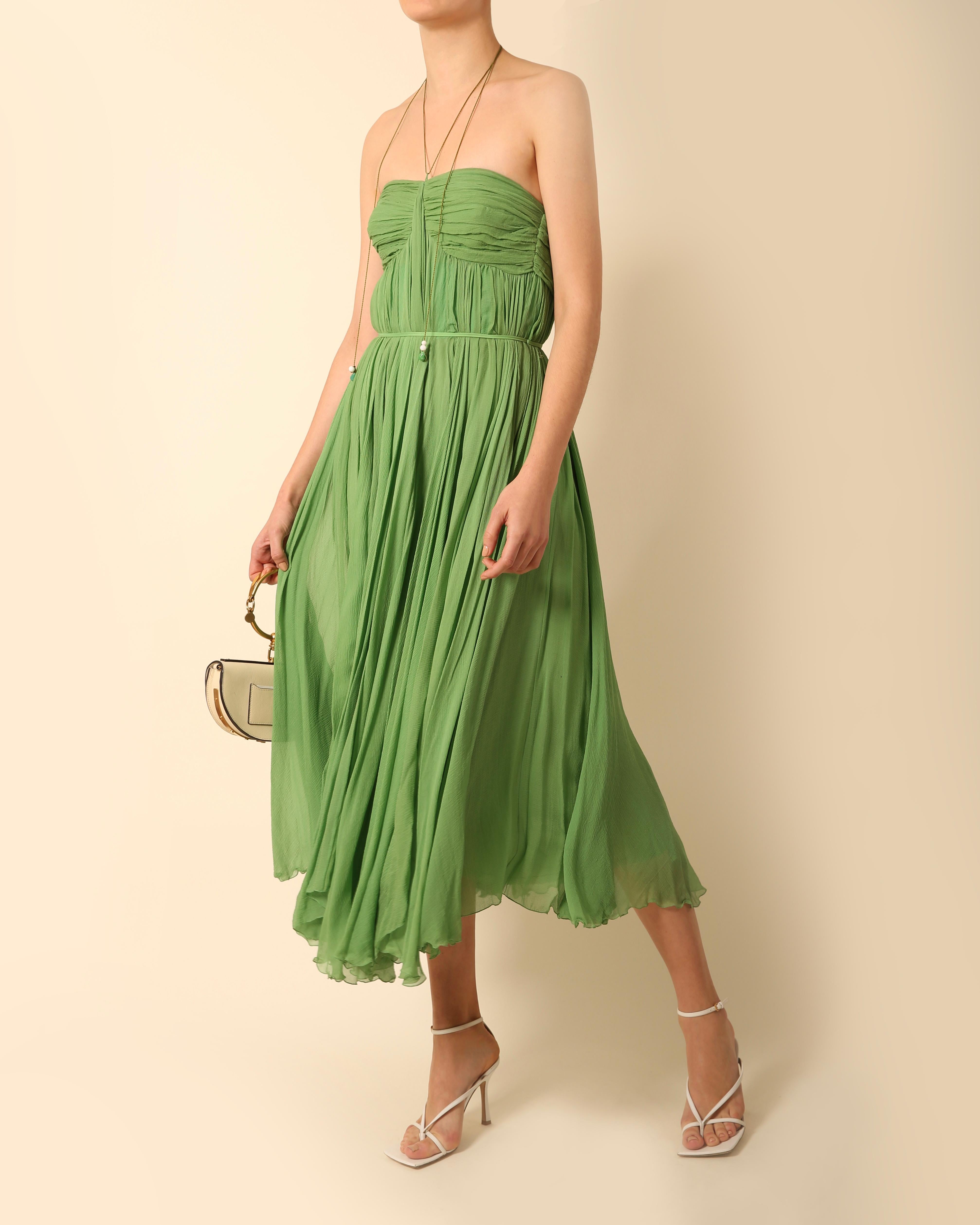 Chloe S04 strapless plisse green silk chiffon layered bustier midi length dress  In Excellent Condition For Sale In Paris, FR