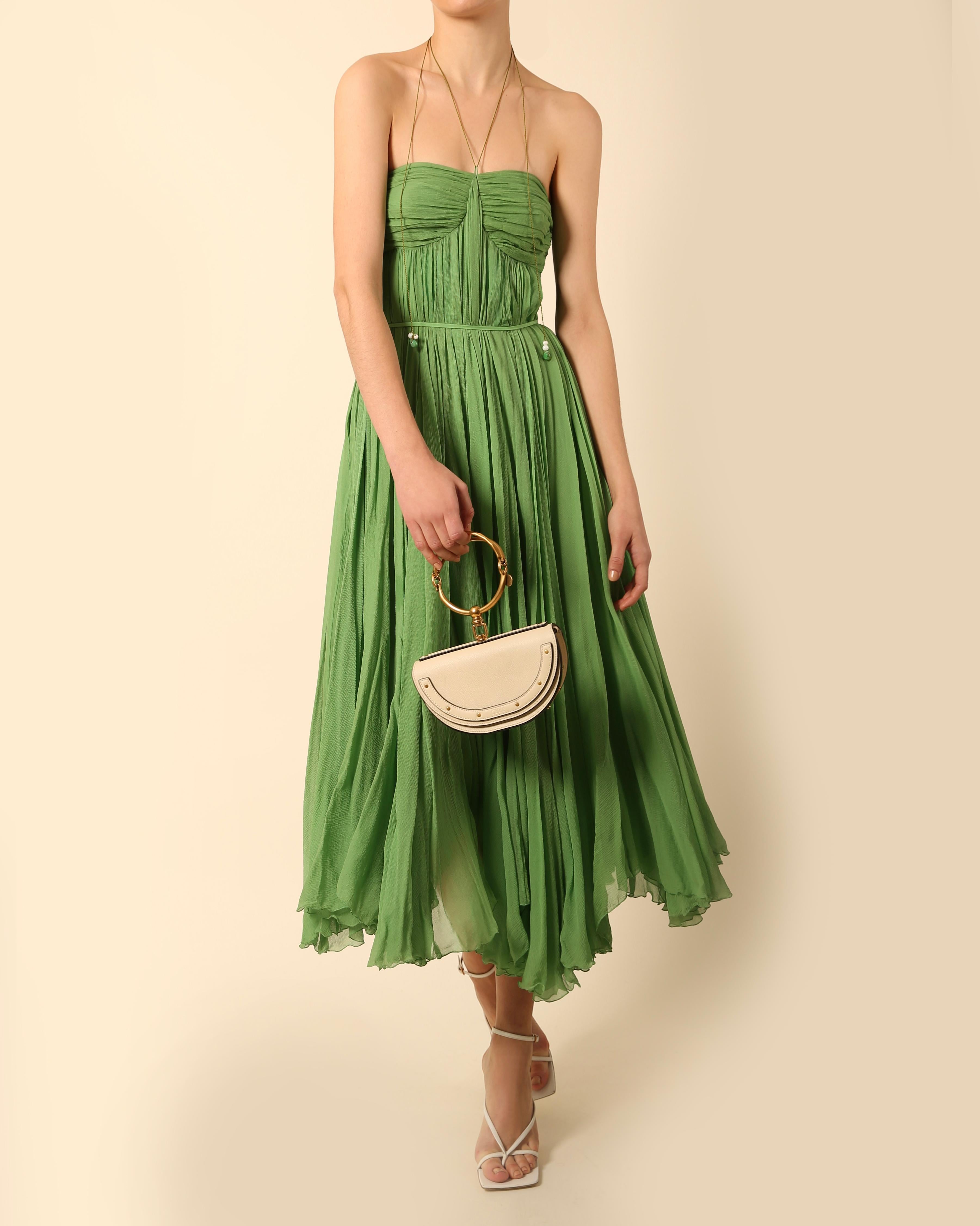Women's Chloe S04 strapless plisse green silk chiffon layered bustier midi length dress  For Sale