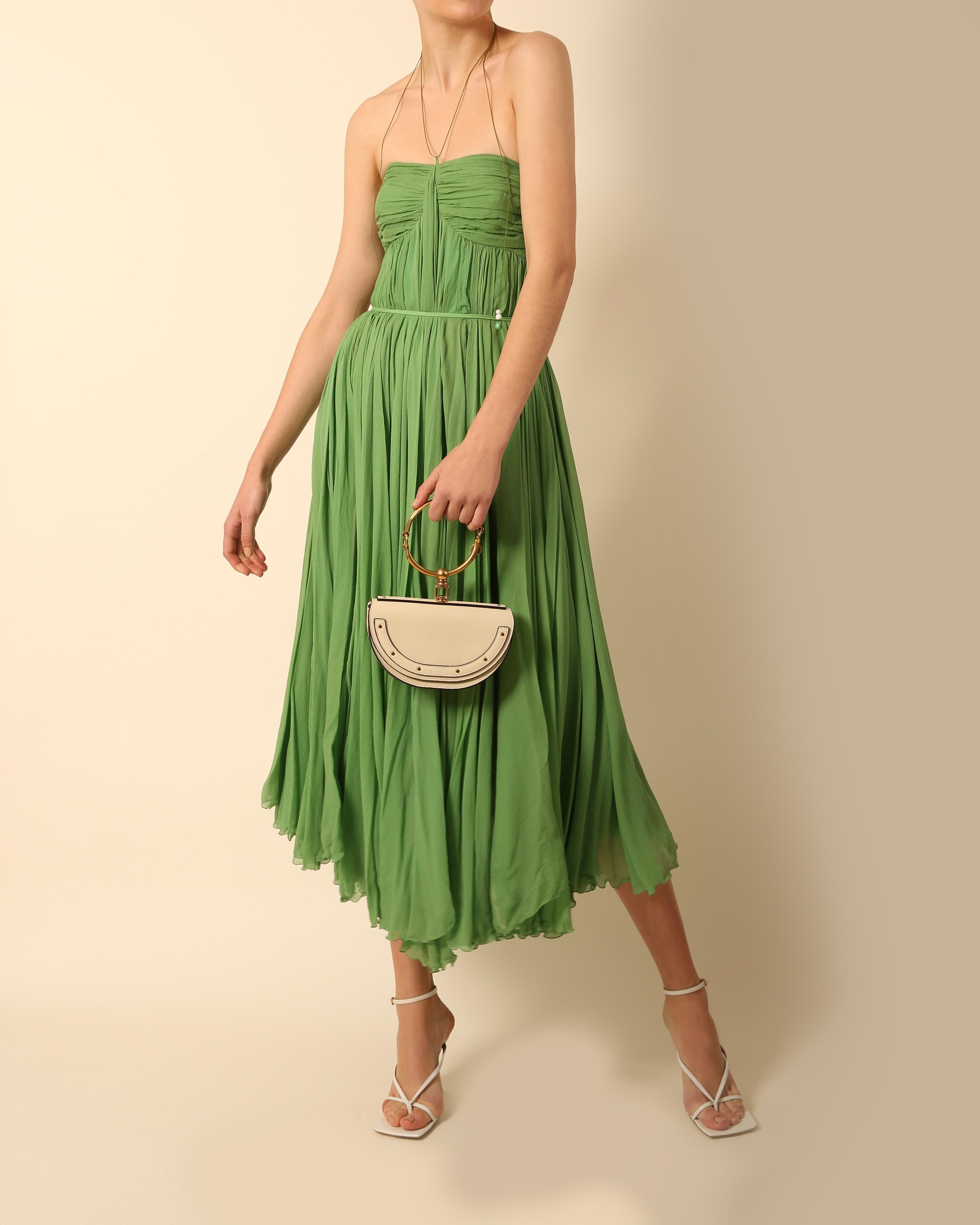 Chloe S04 strapless plisse green silk chiffon layered bustier midi length dress  For Sale 1