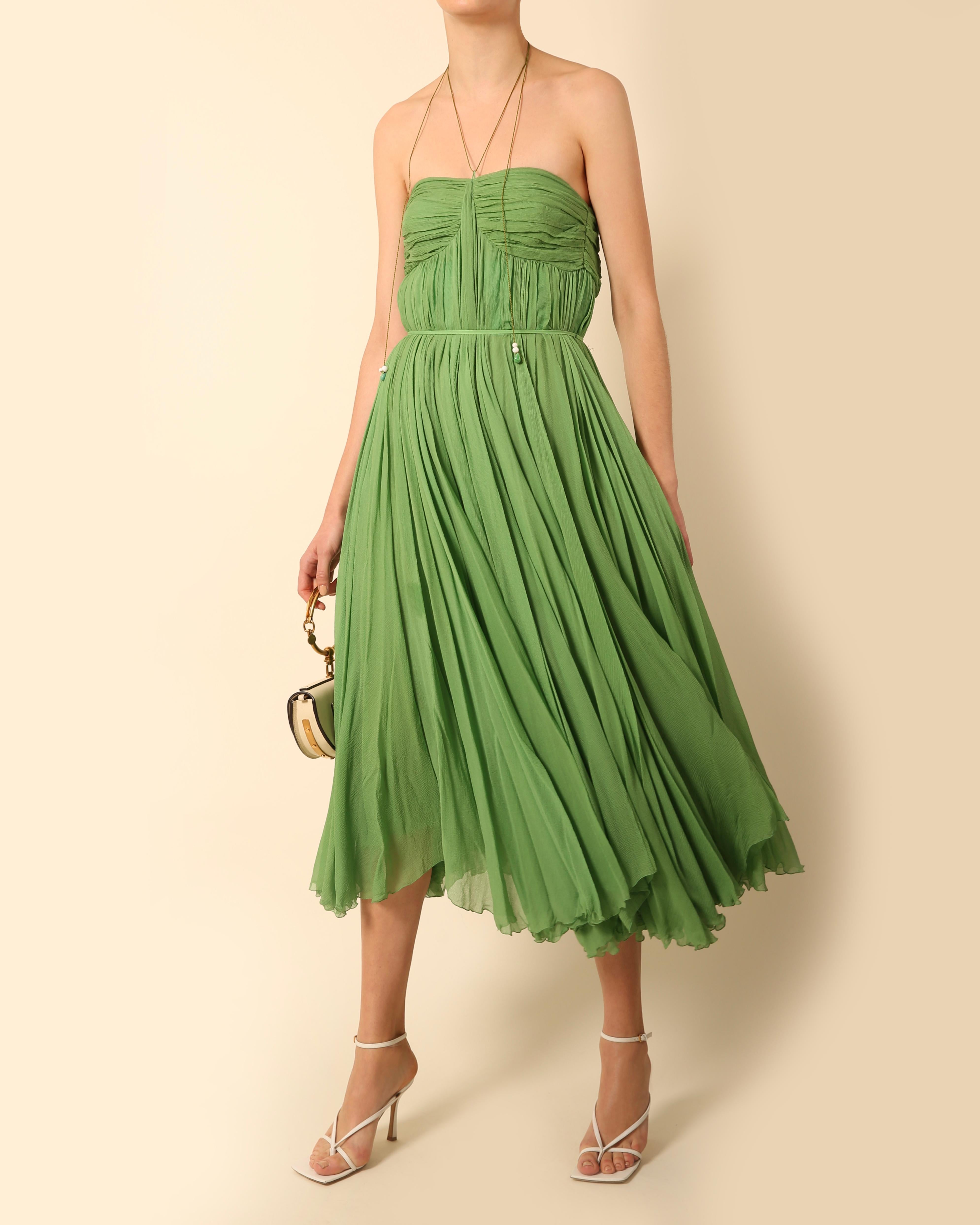 Chloe S04 strapless plisse green silk chiffon layered bustier midi length dress  For Sale 2