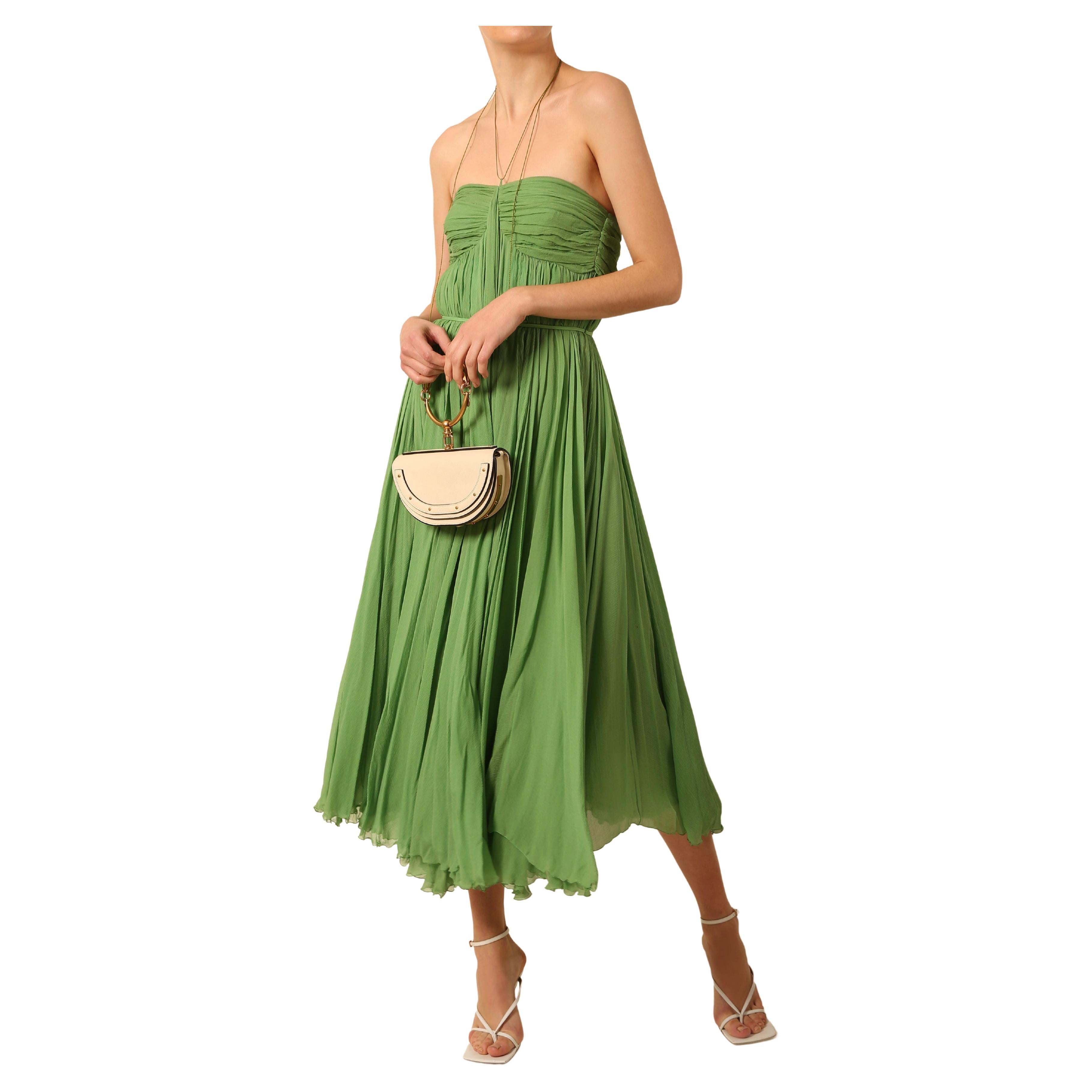 Chloe S04 strapless plisse green silk chiffon layered bustier midi length dress 