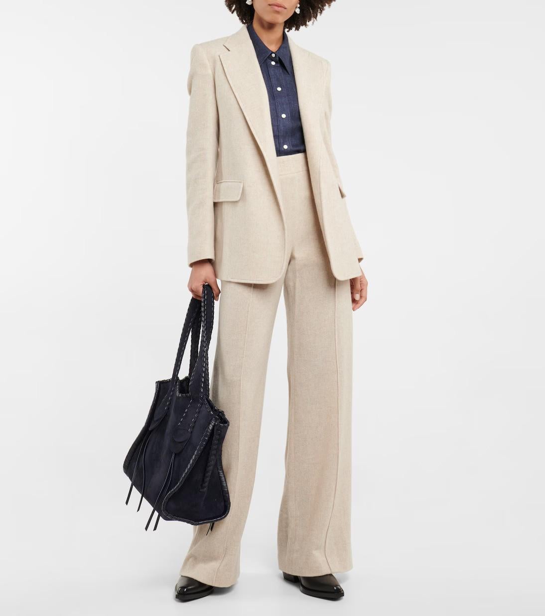 CHLOE Sandy Khaki beige wool & cashmere 2022 WIDE-LEG Pants 36 XS For Sale 4