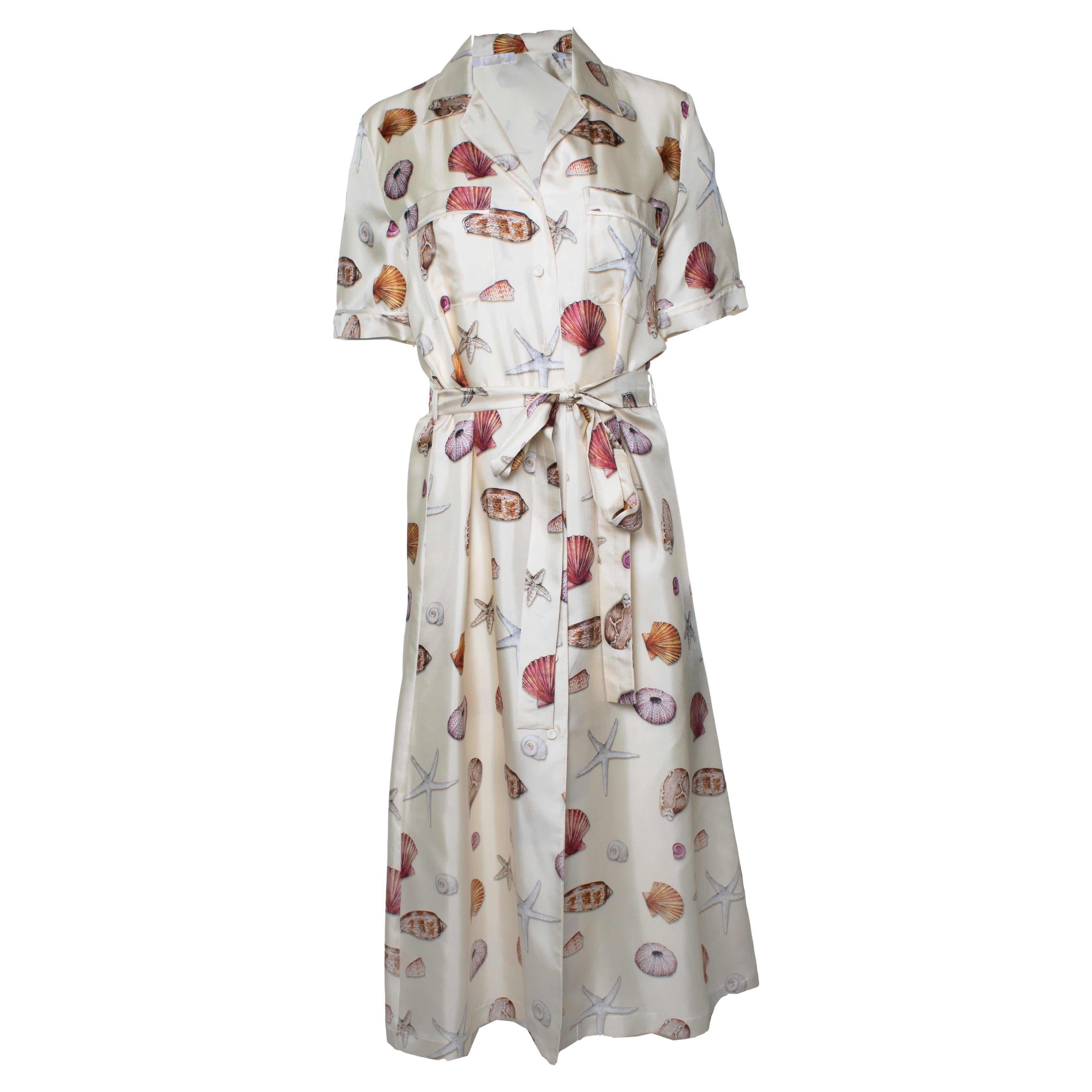 Chloe, Shell print belted silk twill midi shirtdress