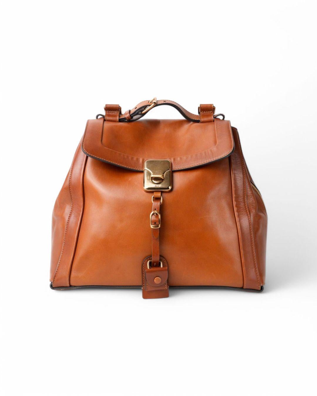Borsa firmata Chloè, modello Shopper nella misura MM, realizzata in pelle liscia marrone con rifiniture nere e hardware dorato. Dotata di una patta frontale con chiusura ad incastro, internamente rivestita in tessuto nero con comoda tasca, la borsa