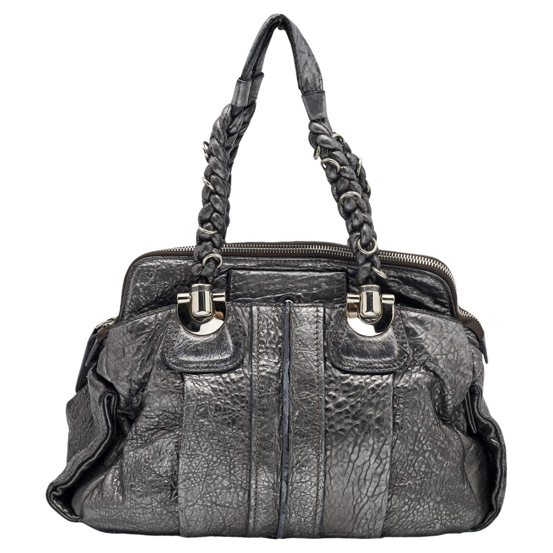 Chloe Silver Leather Heloise Satchel For Sale
