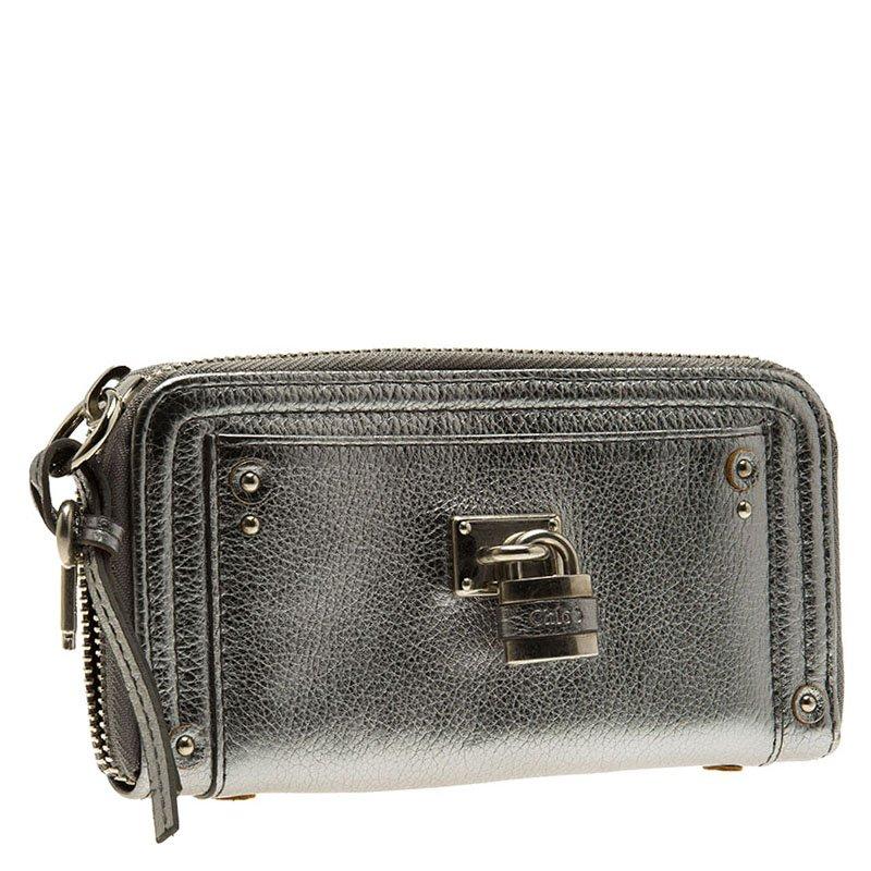 Chloe Silver Leather Zip Around Paddington Wallet In Good Condition In Dubai, Al Qouz 2