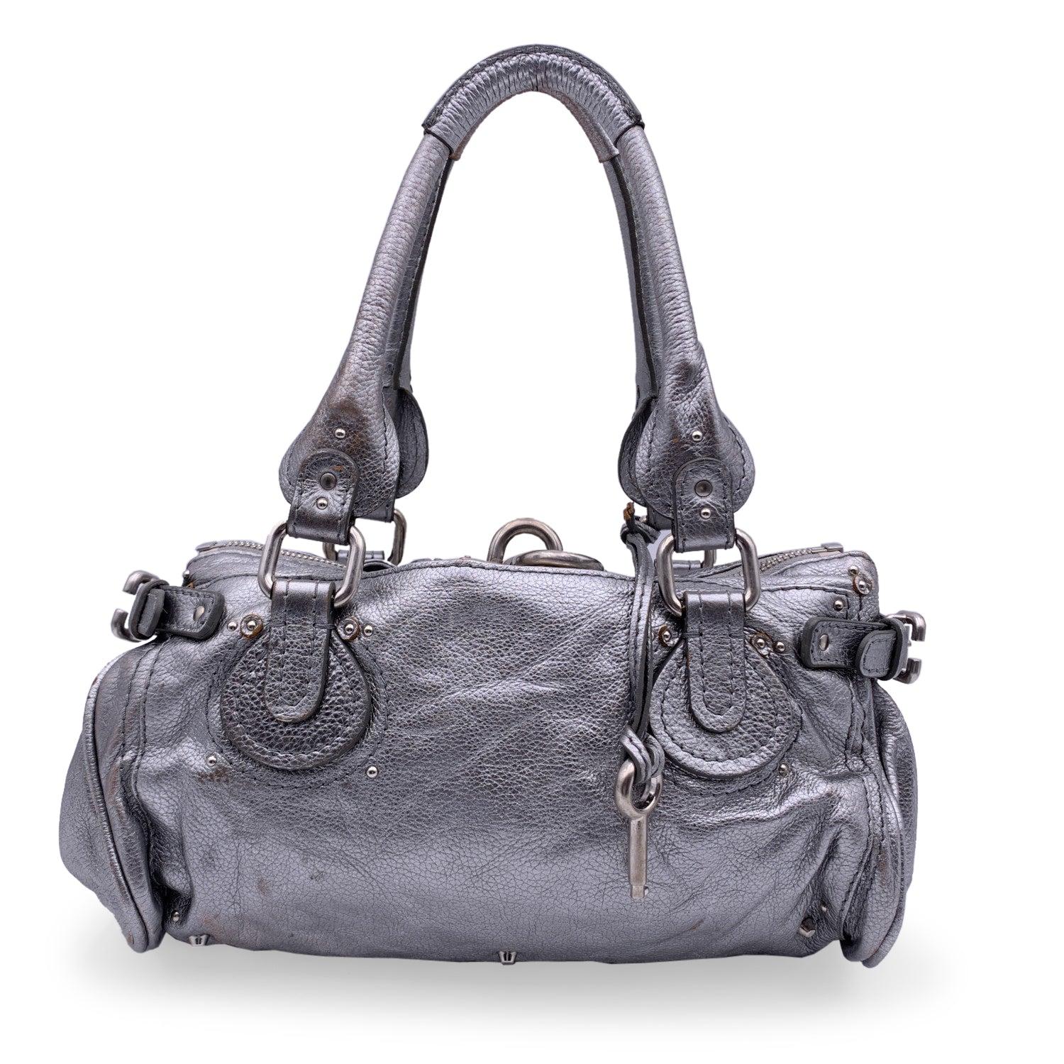 Chloe Silver Metal Leather Paddington Tote Bag Satchel Handbag In Good Condition In Rome, Rome