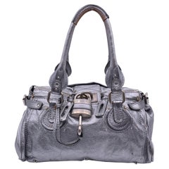 Used Chloe Silver Metal Leather Paddington Tote Bag Satchel Handbag