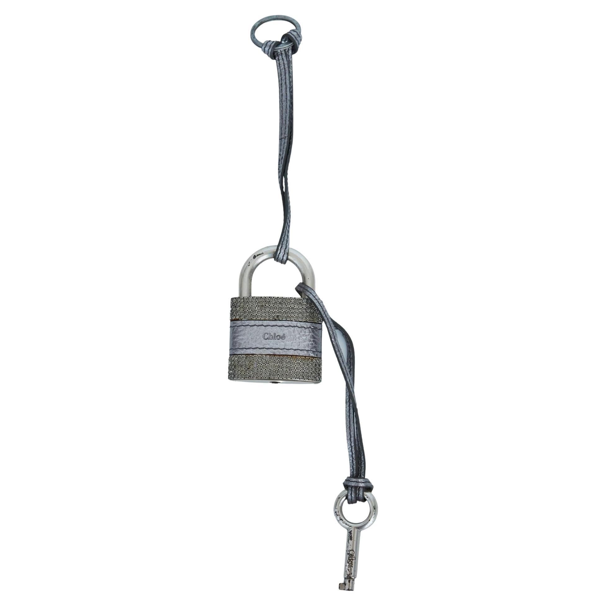 Chloe Silver Metallic Padlock Keychain For Sale