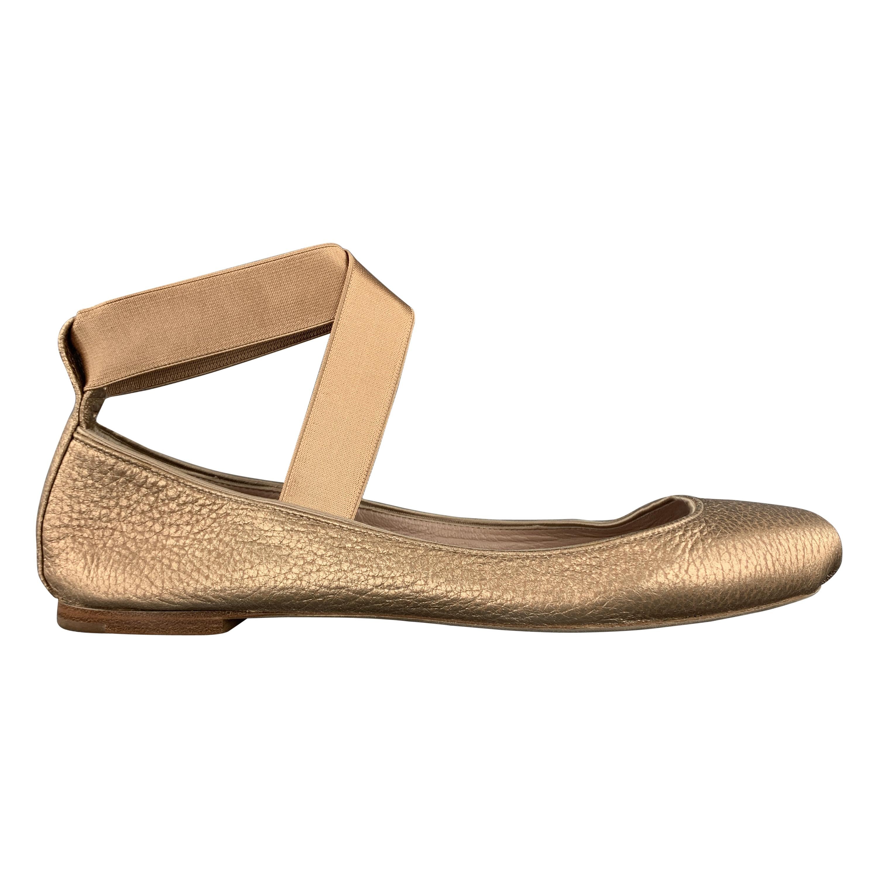 CHLOE Size 10 Metallic Rosegold Leather Elastic Strap Ballet Flats