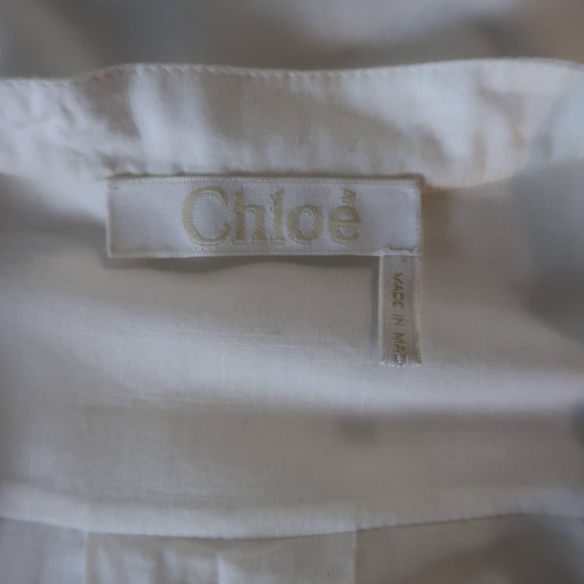 CHLOE Size 2 White Cotton Button Side Band Collar Tunic Blouse 2