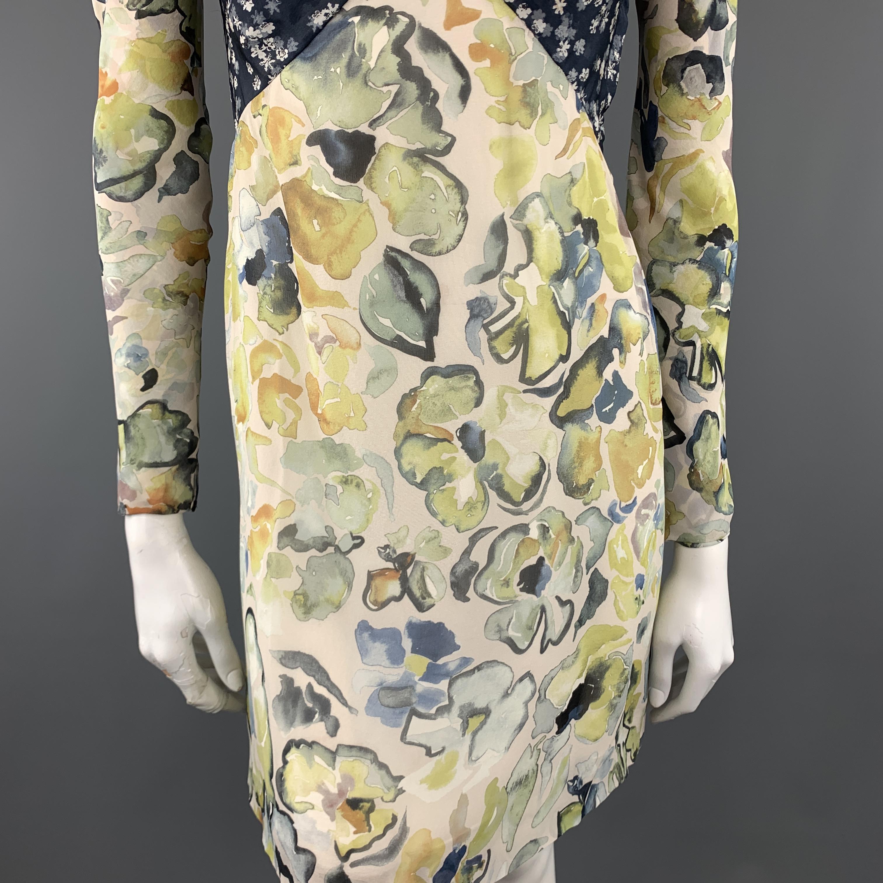 Beige CHLOE Size 2 Yellow & Navy Floral Print Silk Long SLeeve Cocktail Dress
