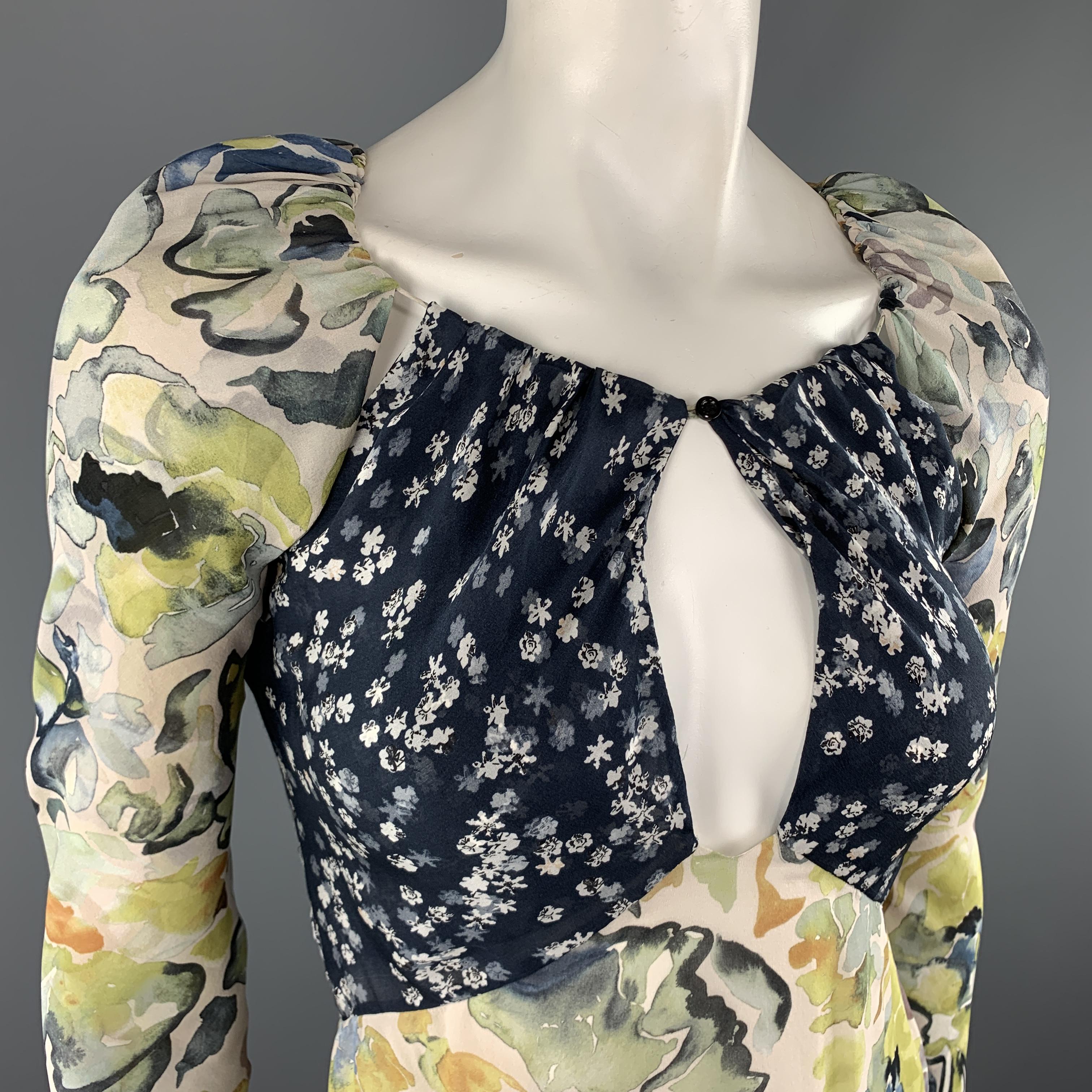 CHLOE Size 2 Yellow & Navy Floral Print Silk Long SLeeve Cocktail Dress In Excellent Condition In San Francisco, CA