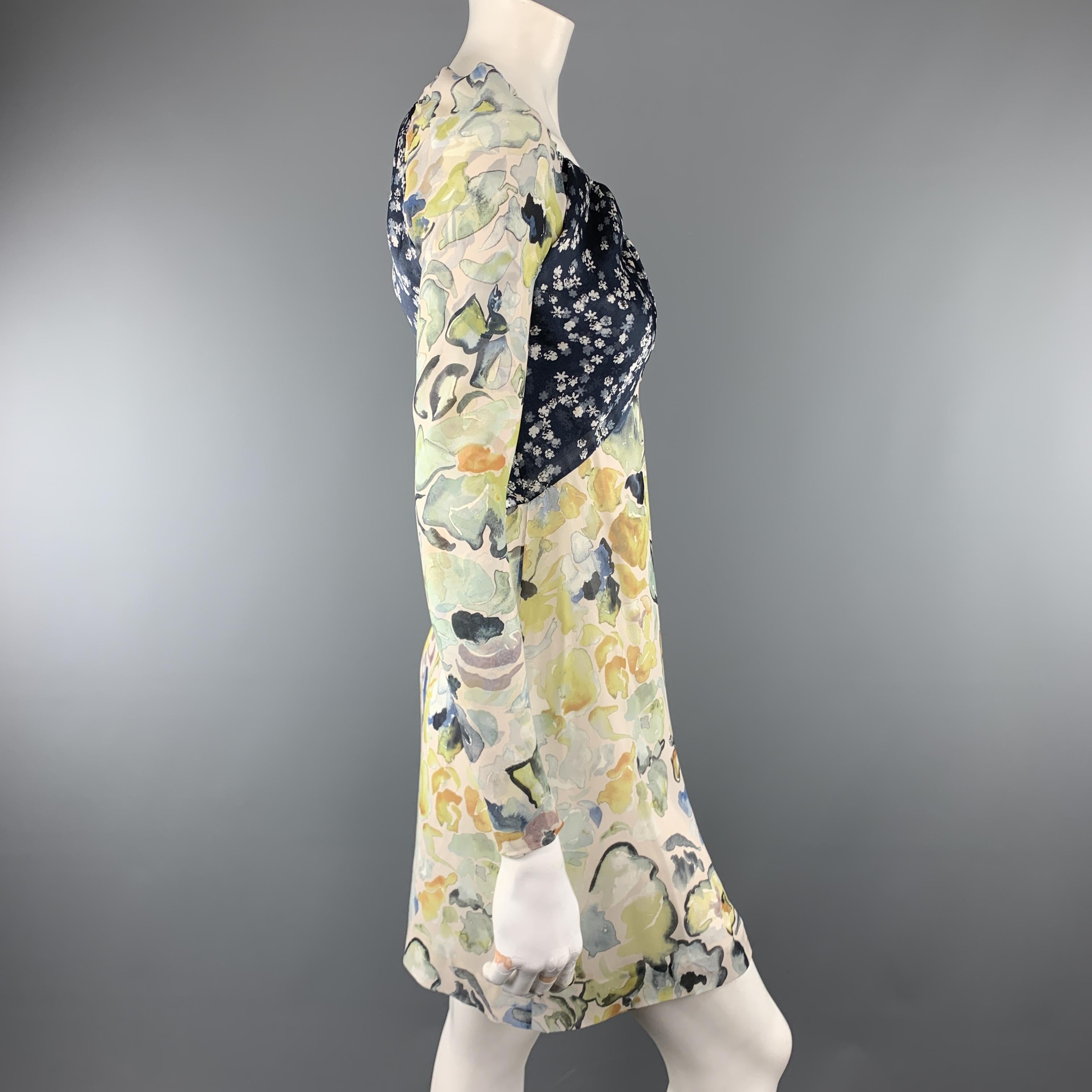 Women's or Men's CHLOE Size 2 Yellow & Navy Floral Print Silk Long SLeeve Cocktail Dress