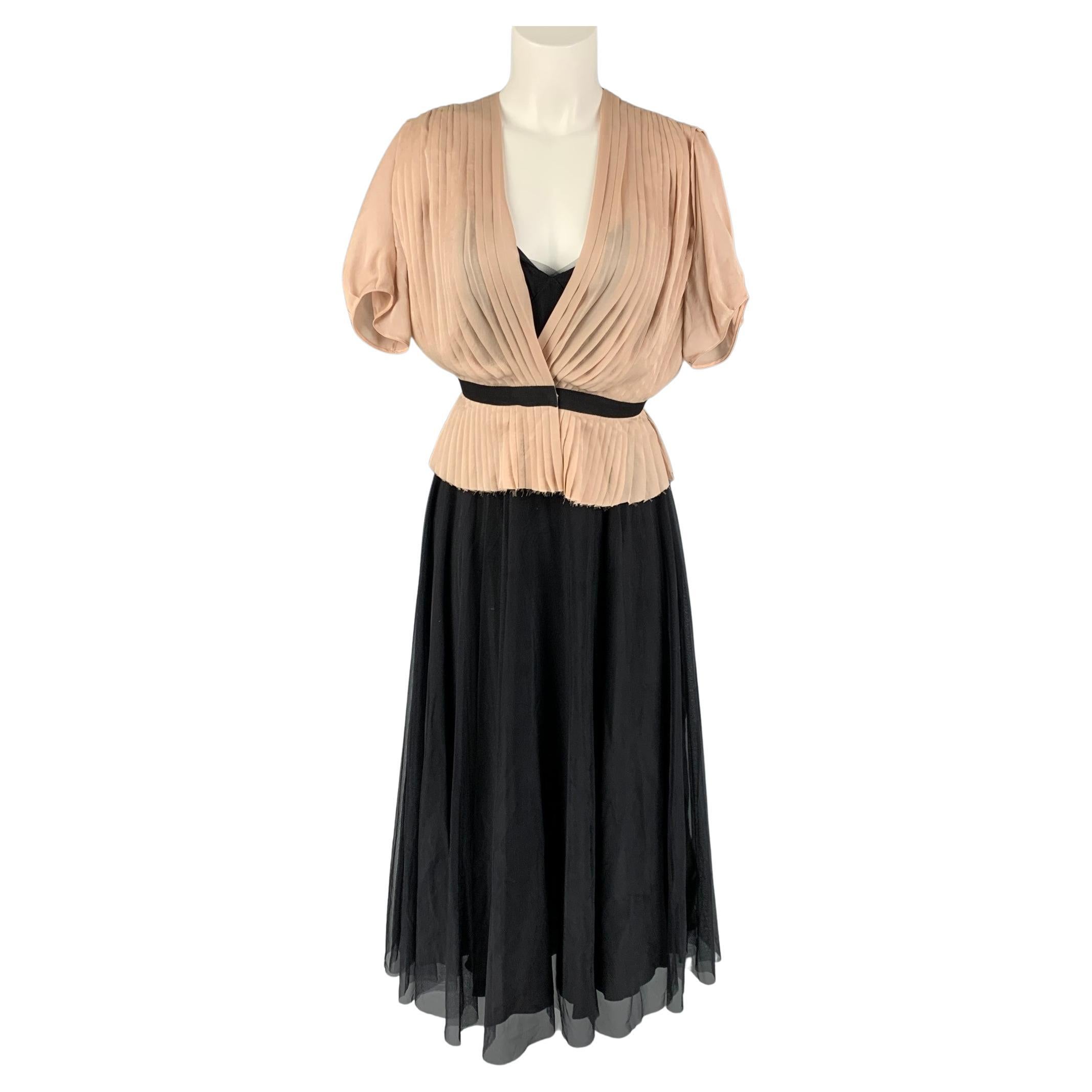 CHLOE Size 4 Blush Black Silk Pleated Spaghetti Straps Long Dress Set