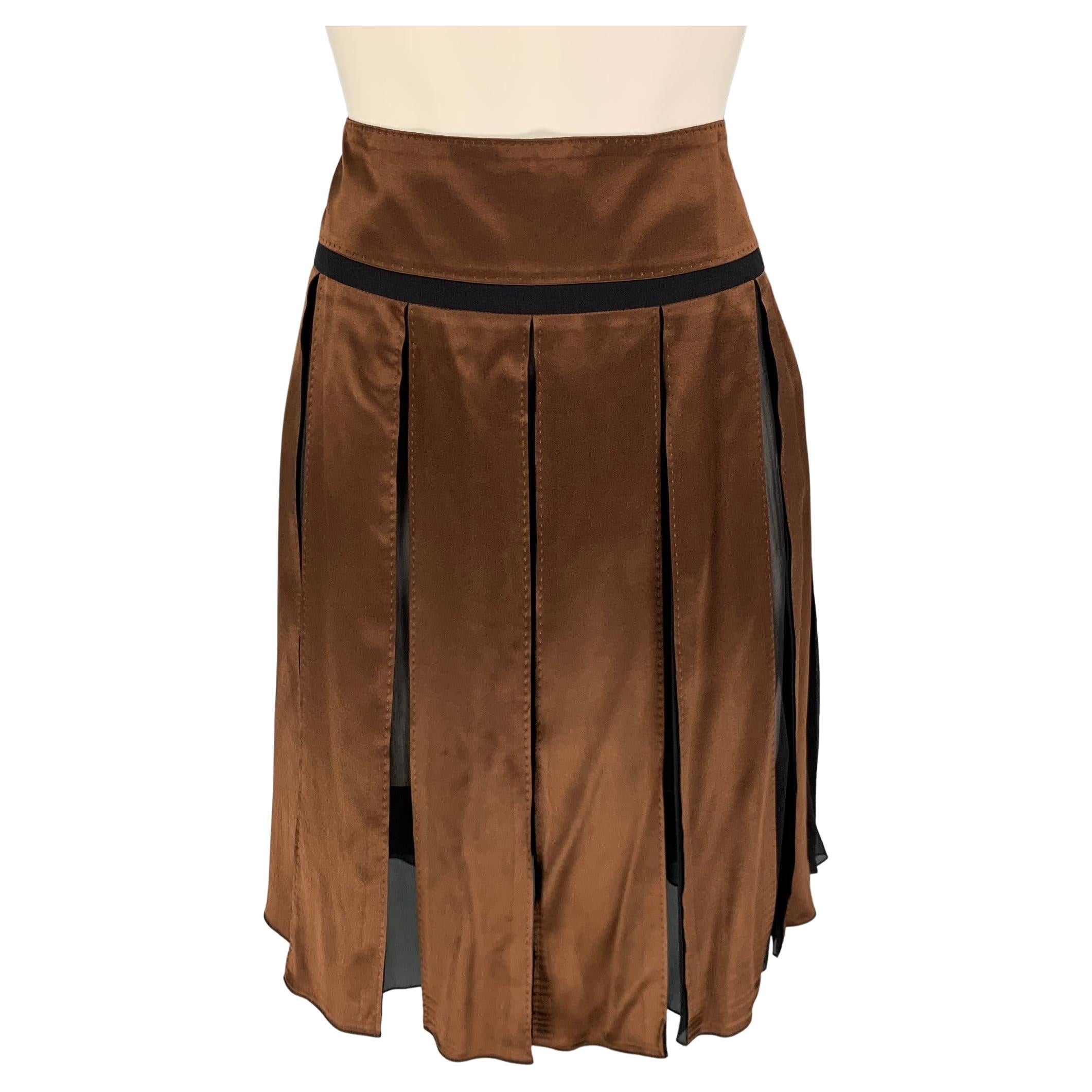 CHLOE Size 4 Brown Black Satin Silk Pleated Skirt