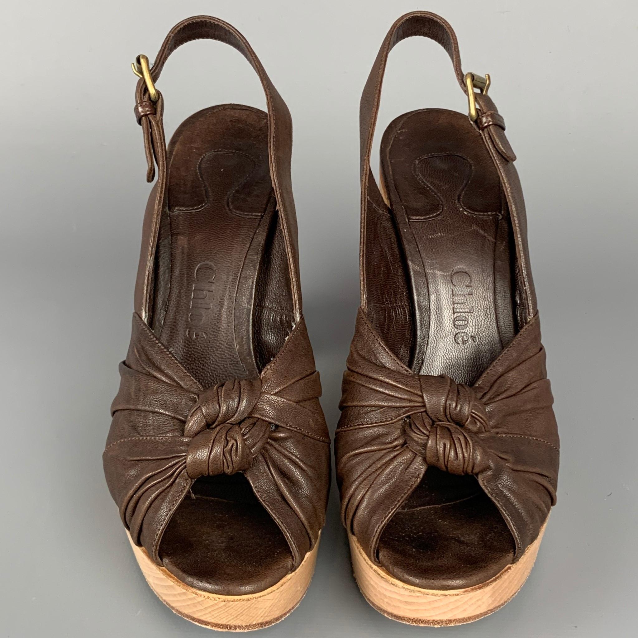 CHLOE Sandalias de plataforma con tacón grueso de piel marrón talla 6 en Bueno Estado en San Francisco, CA