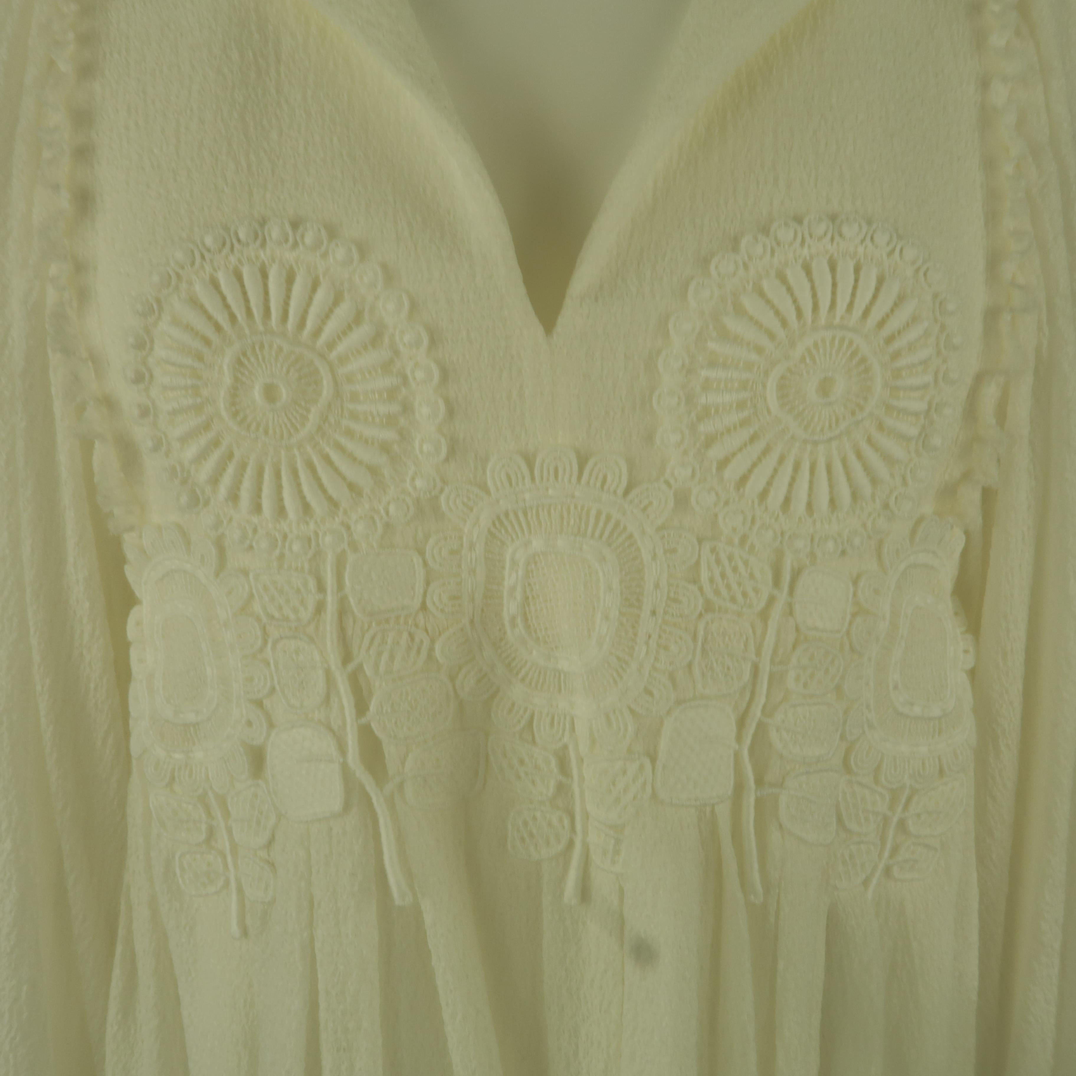 Beige CHLOE Size 8 Cream Silk Crepe Embroidered Baloon Sleeve Tunic Blouse