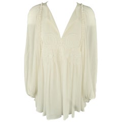 CHLOE Size 8 Cream Silk Crepe Embroidered Baloon Sleeve Tunic Blouse