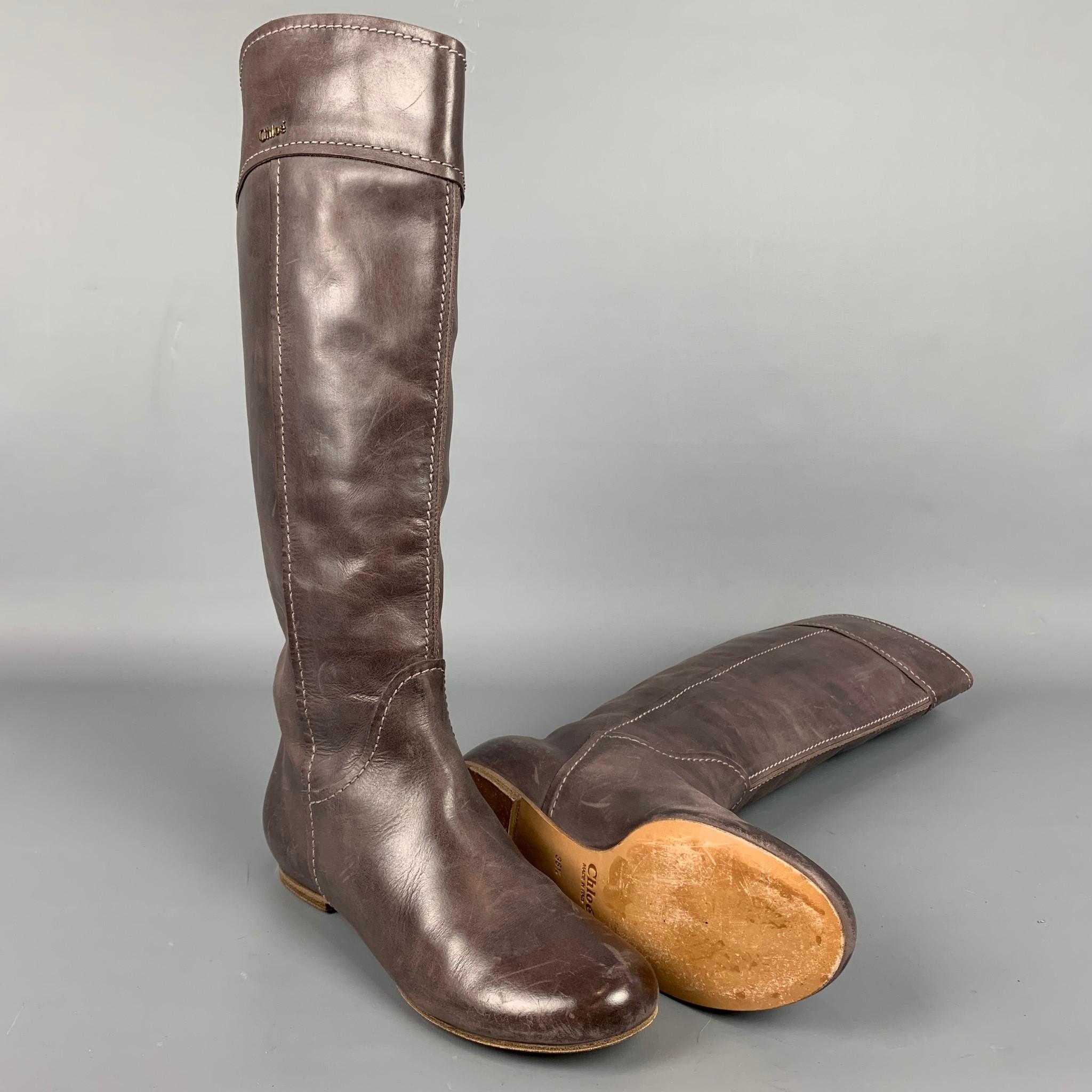 CHLOE Talla 8.5 Botas Julie Altas a la Rodilla de Cuero Marrón con Puntadas en Contraste Gris