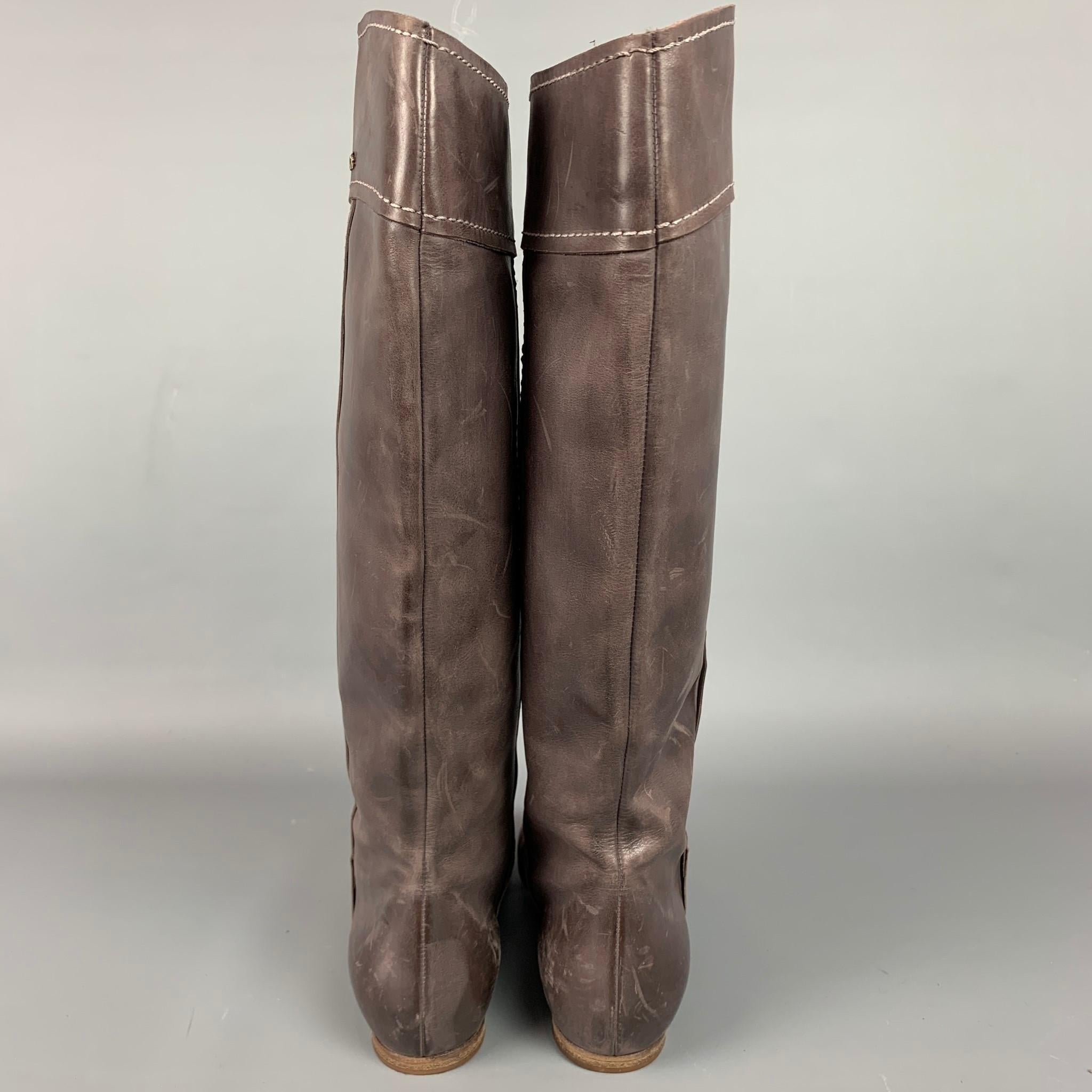 De las mujeres CHLOE Talla 8.5 Botas Julie Altas a la Rodilla de Cuero Marrón con Puntadas en Contraste
