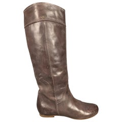 CHLOE Talla 8.5 Botas Julie Altas a la Rodilla de Cuero Marrón con Puntadas en Contraste