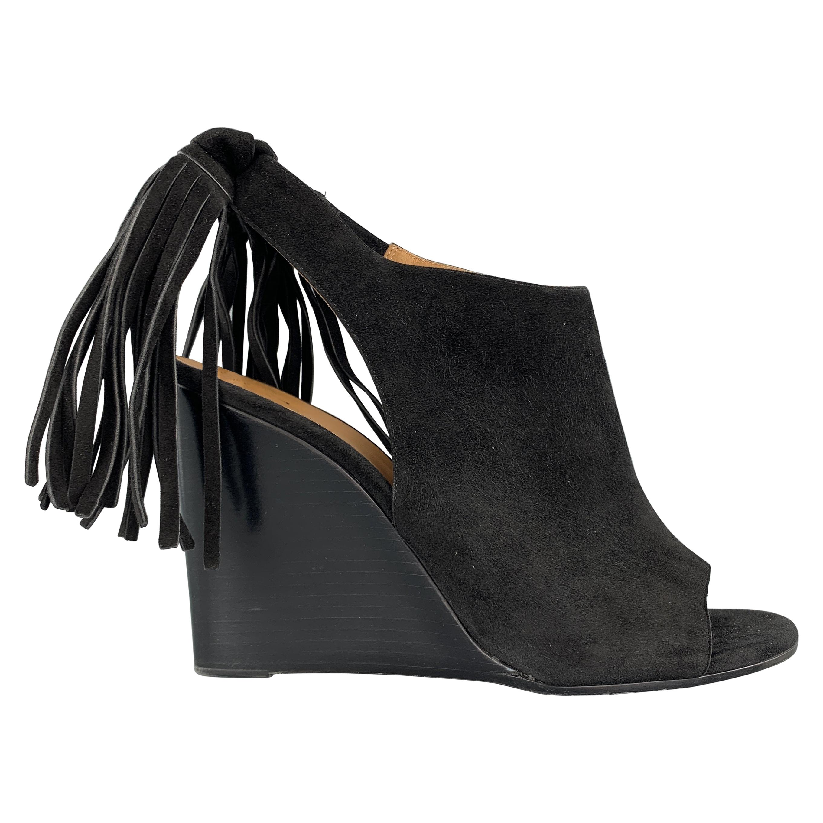 CHLOE Size 9 Black Suede Fringe Cutout Wedge Boots For Sale at 1stDibs