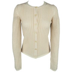 CHLOE Size L Cream Stretch Wool Mesh Knit Crewneck Cardigan