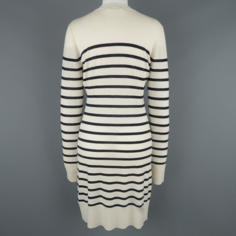 CHLOE Size M Cream and Navy Sailor Striped Cashmere Gold Button Long