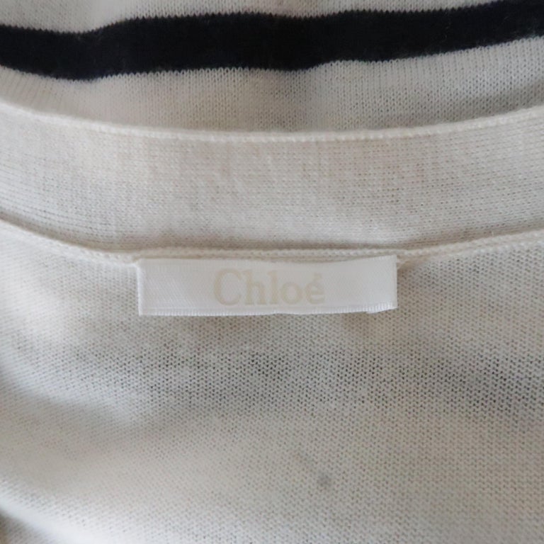 CHLOE Size M Cream and Navy Sailor Striped Cashmere Gold Button Long ...