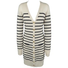 CHLOE Size M Cream & Navy Sailor Striped Cashmere Gold Button Long Cardigan