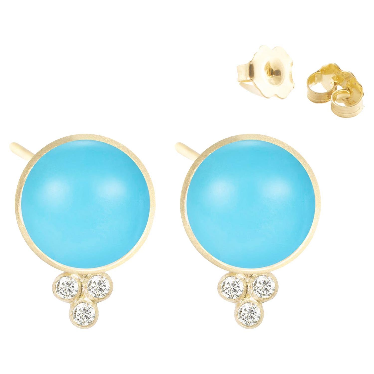8 Ct Oval Sleeping Beauty Turquoise 1.5ct Diamond Stud Earrings 14 K Yellow  Gold For Sale at 1stDibs