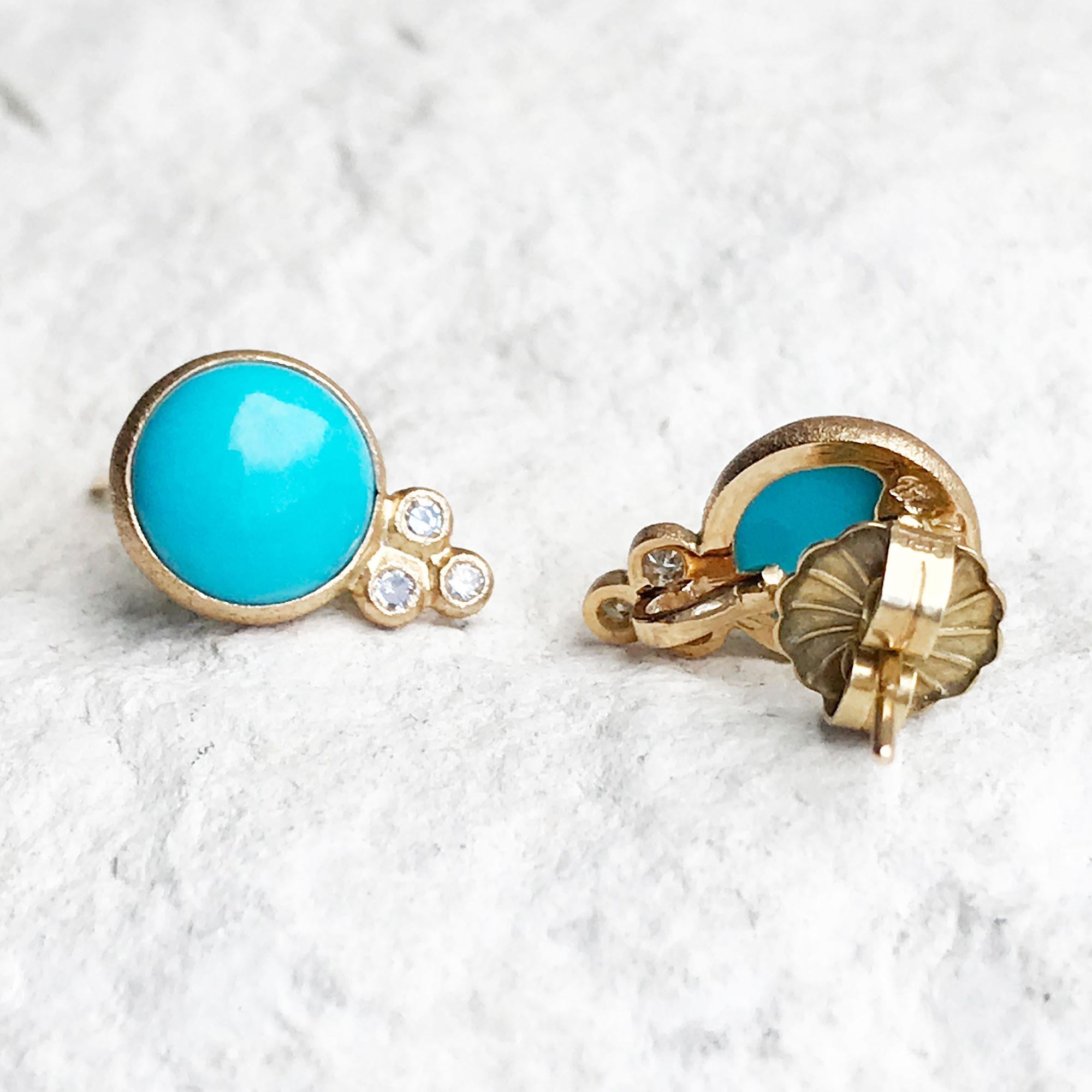 A Nina Nguyen classic: Our Chloe Gold Studs are designed with sleeping beauty turquoise rimmed in gold, and accented with diamonds for some extra sparkle. 

Stone carat: 3.5
Diamond carat: 0.1
Stone size: 8mm

About the stones:
Turquoise is an