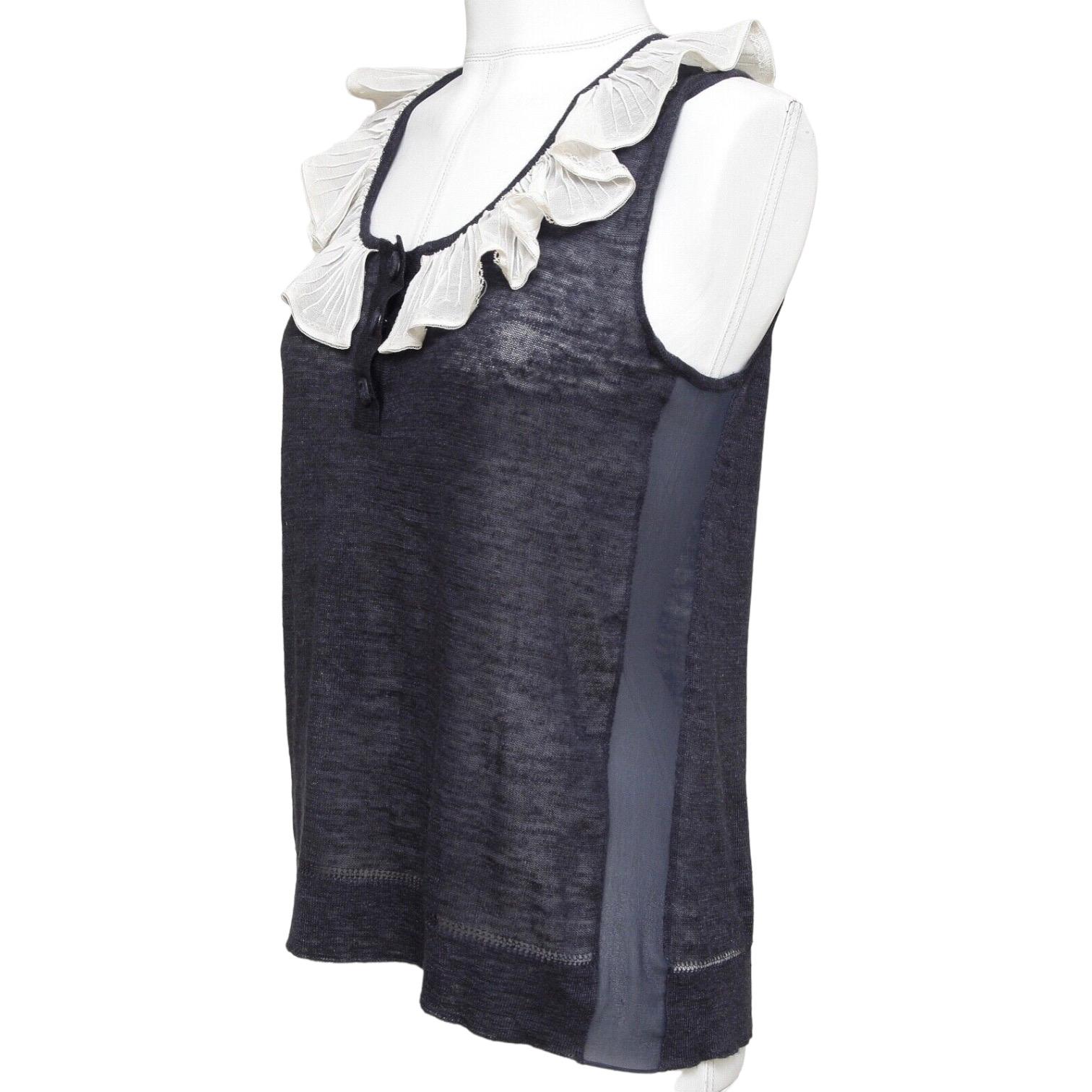 Black CHLOE Sleeveless Top Shirt Sleeveless Navy Ivory Ruffle Henley XS 2007 For Sale
